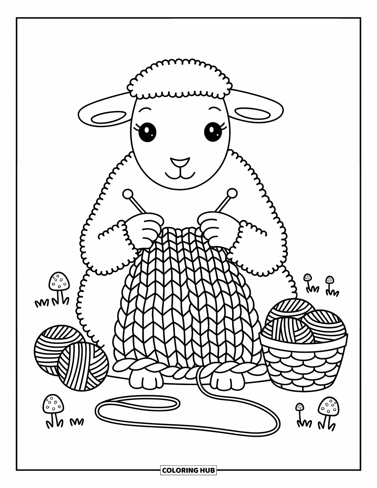 Sheep Coloring Page for Adults: A crafty sheep knits a heart blanket surrounded by yarn and cozy supplies