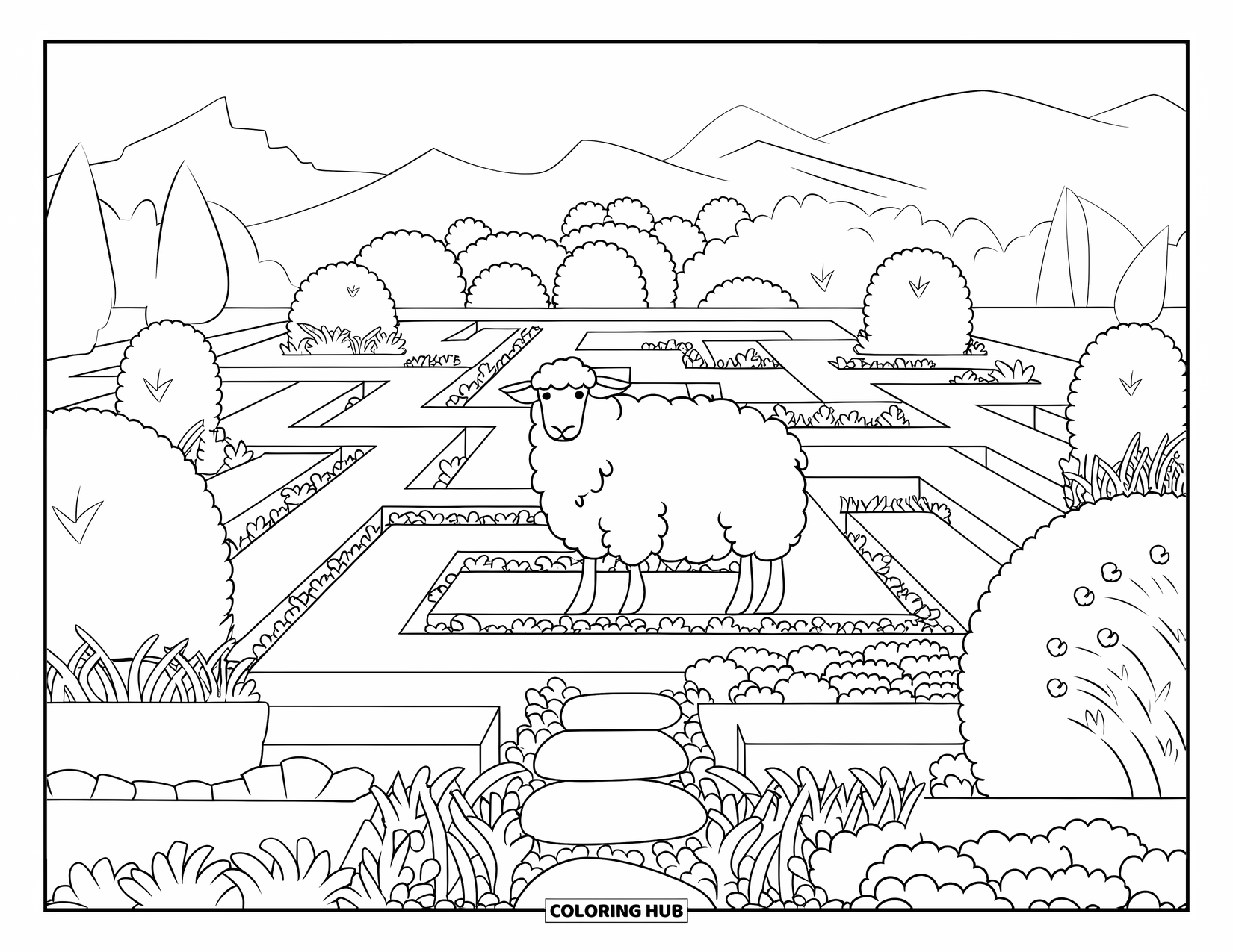 Sheep Coloring Page for Adults: A curious sheep walks through a peaceful topiary garden with animal-shaped bushes