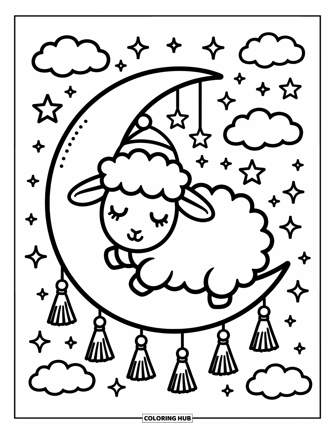 Sheep Coloring Page for Adults: A curled-up sheep naps on a moon wearing a nightcap among stars and clouds