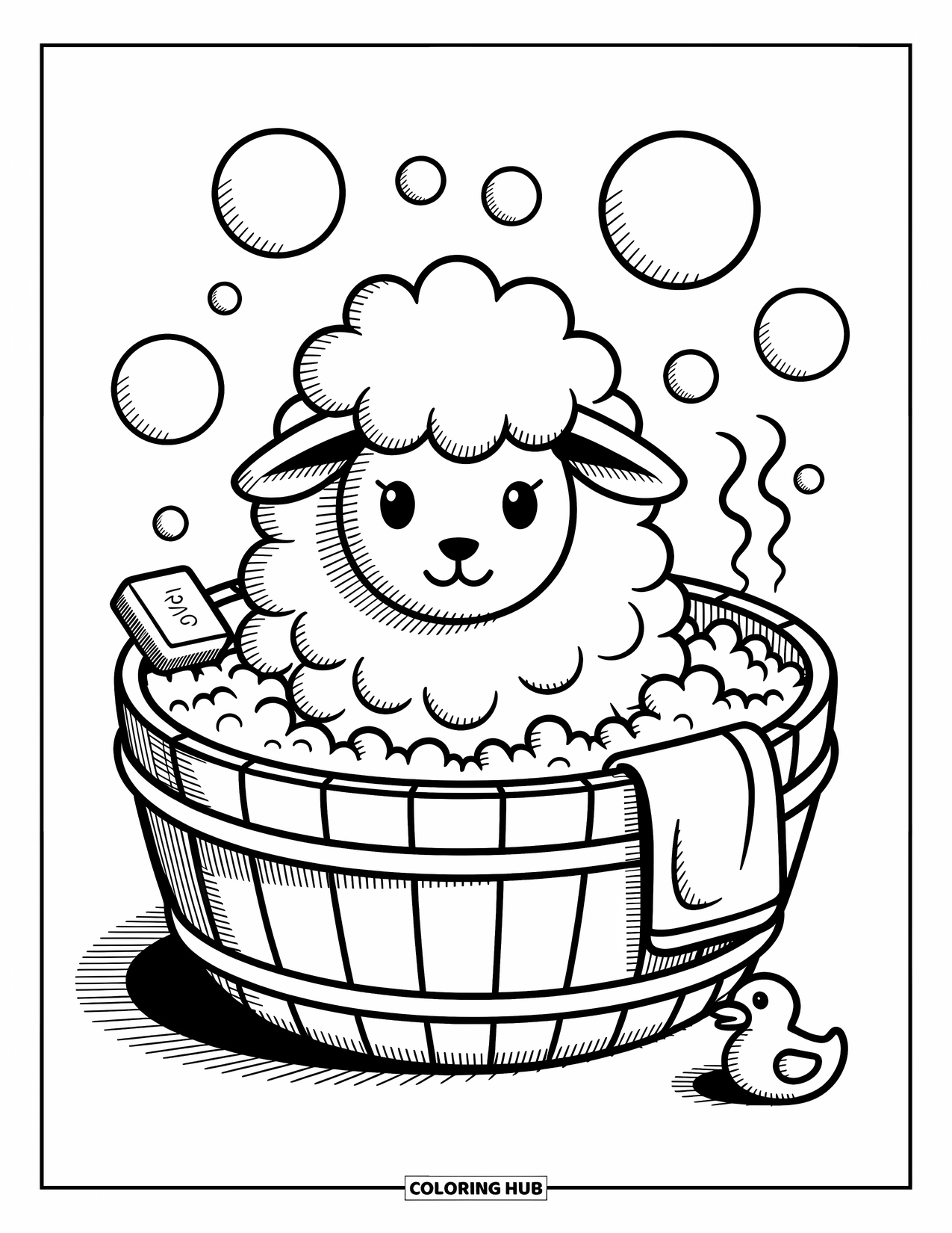 Sheep Coloring Page for Adults: A fluffy sheep enjoys a bubble bath with a duck and floating bubbles