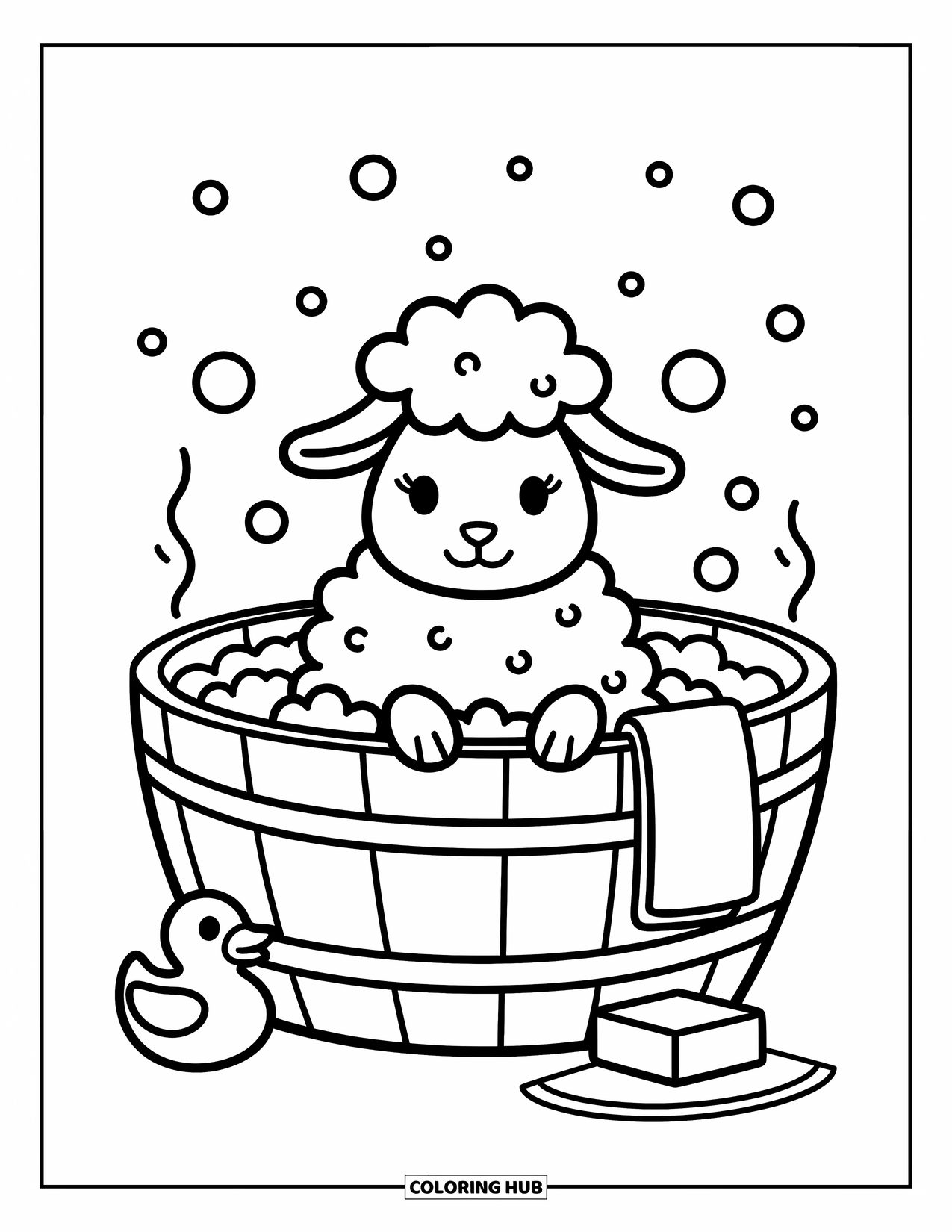 Sheep Coloring Page for Adults: A fluffy sheep relaxes in a bubbly tub with a rubber duck and towel
