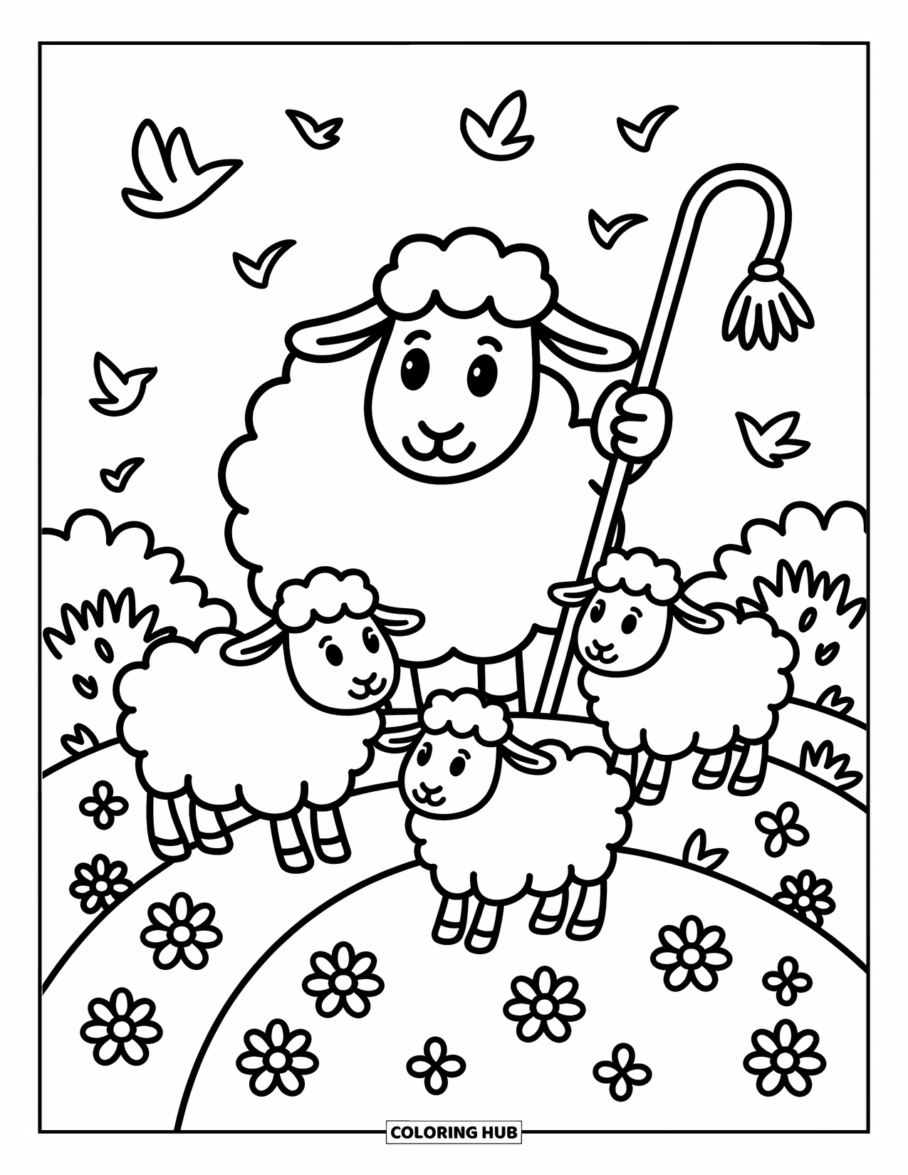 Sheep Coloring Page for Adults: A gentle sheep shepherds three playful lambs among flowers and fluttering birds