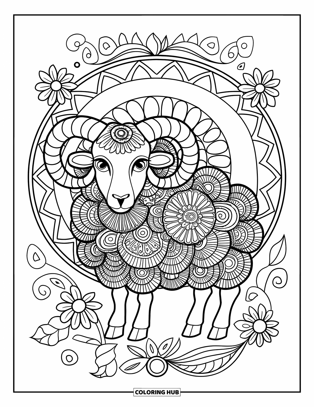 Sheep Coloring Page for Adults: A mandala sheep stands in a circular frame of swirls and flowers