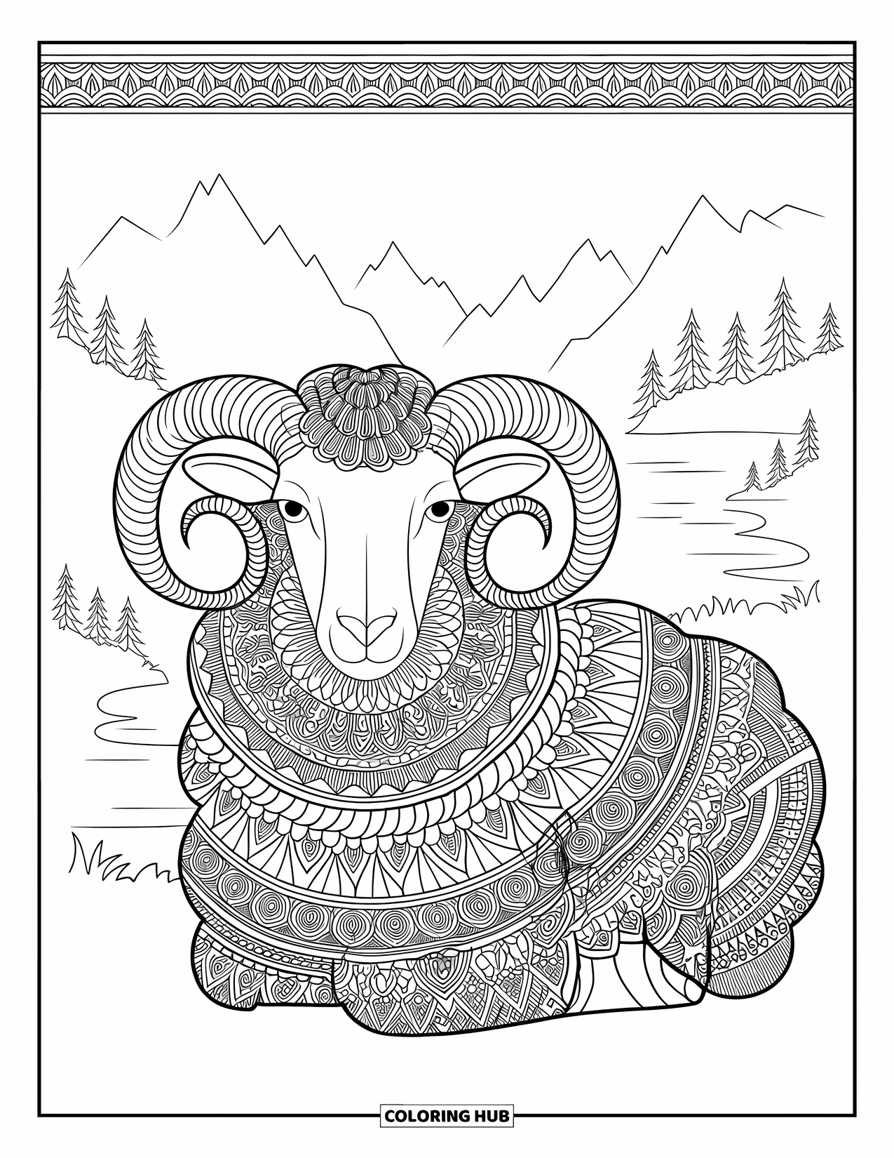 Sheep Coloring Page for Adults: A mandala-style sheep with spiral horns sits near mountains and water