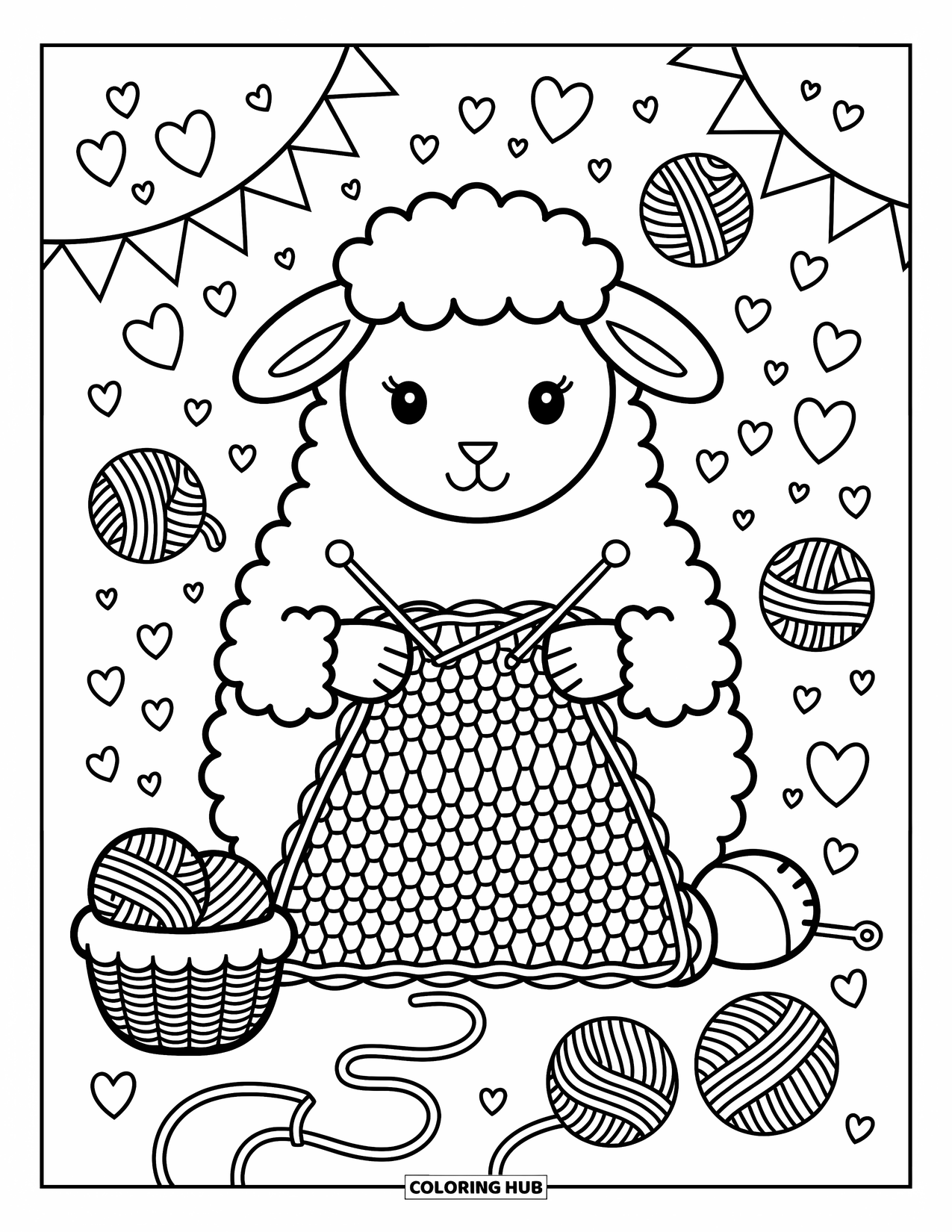 Sheep Coloring Page for Adults: A sheep calmly knits with yarn and hearts while mushrooms and dandelions add charm
