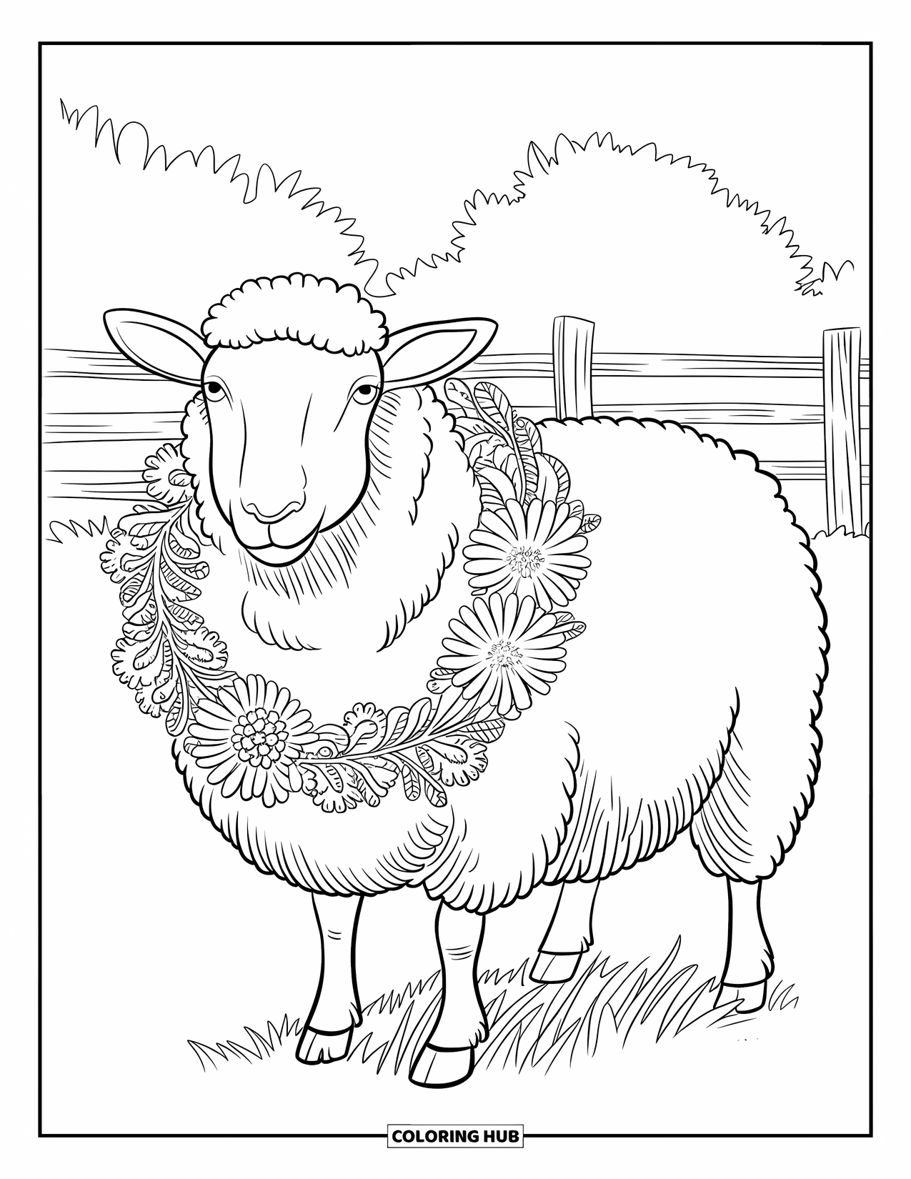 Sheep Coloring Page for Adults: A sheep with a floral wreath stands in a field near a rustic fence