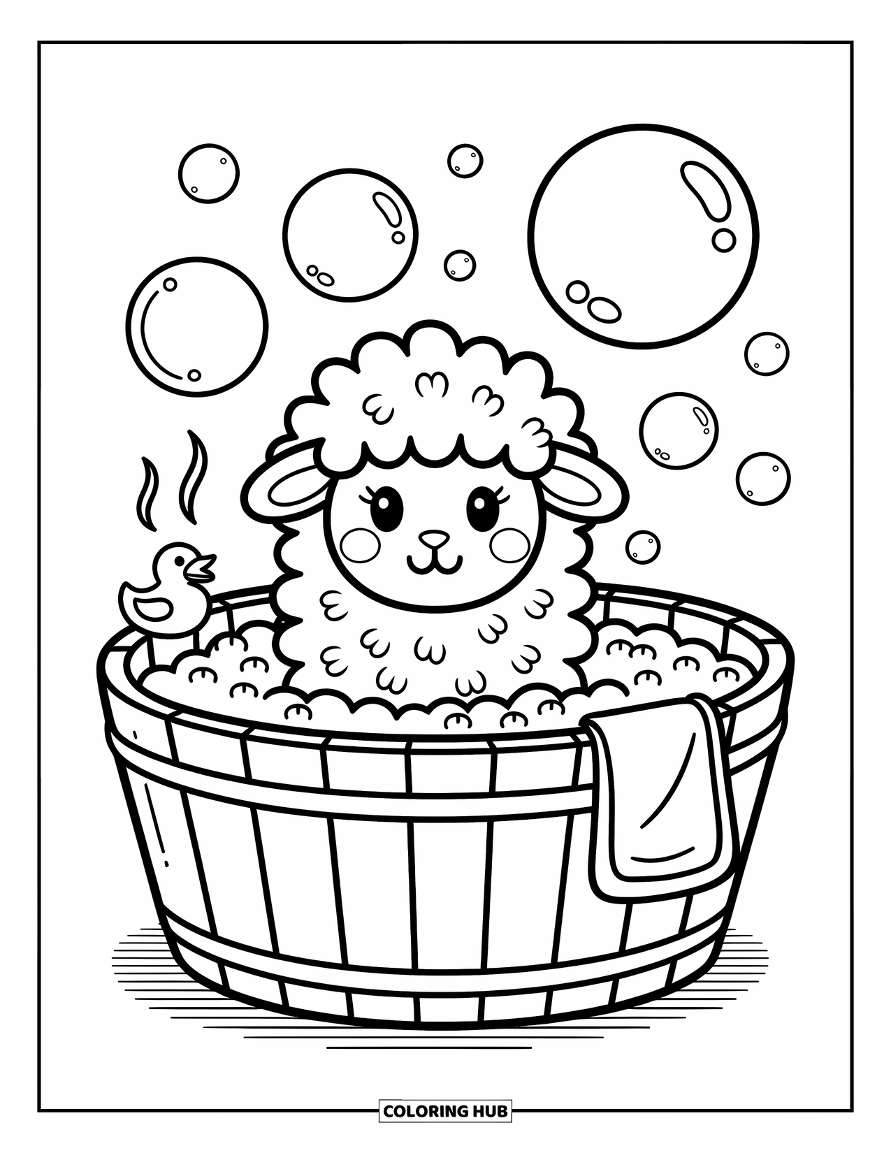 Sheep Coloring Page for Adults: A sheep with poofy wool lounges in a tub with bubbles and a tiny towel