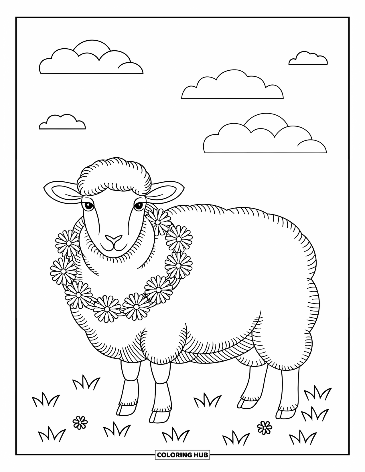 Sheep Coloring Page for Adults: A side-view sheep with a wreath stands in a field under a soft sky