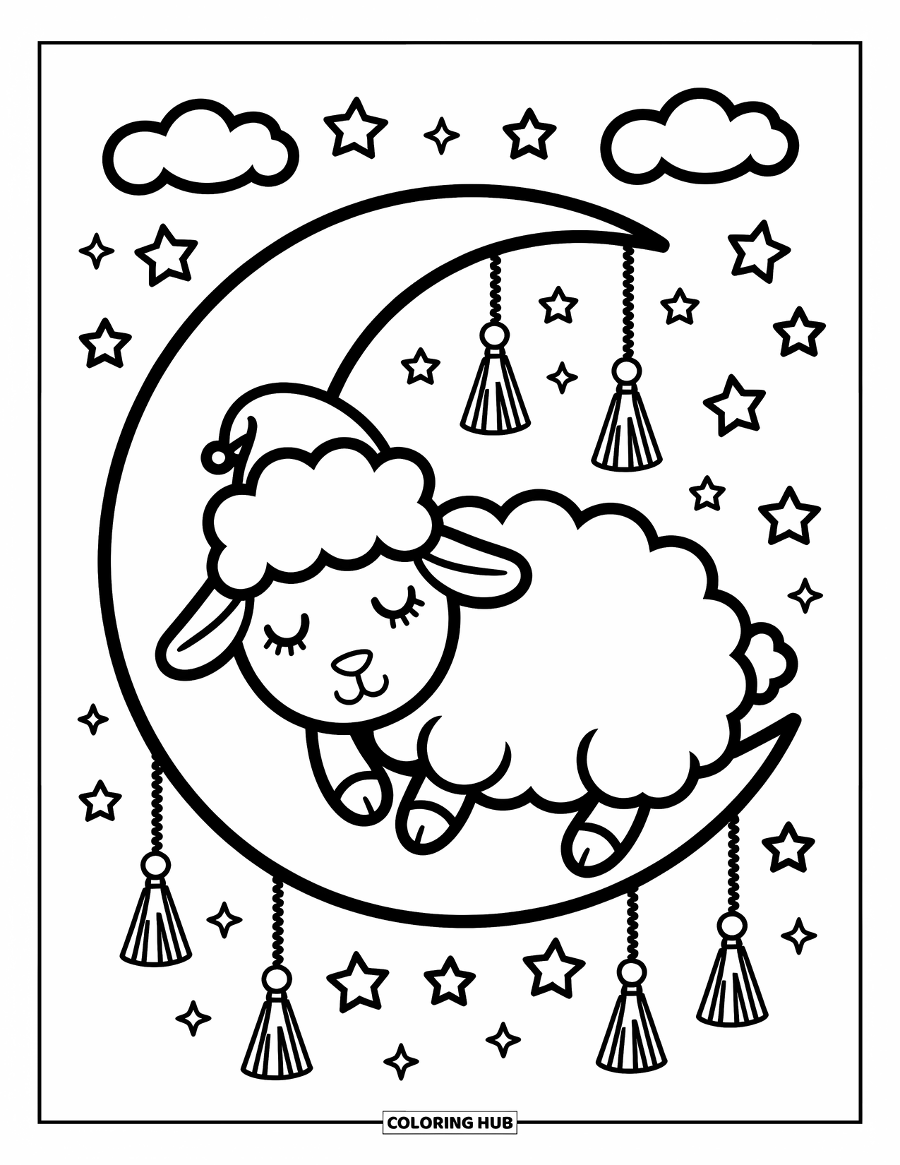 Sheep Coloring Page for Adults: A sleepy sheep curls up on a crescent moon with stars and sparkles around