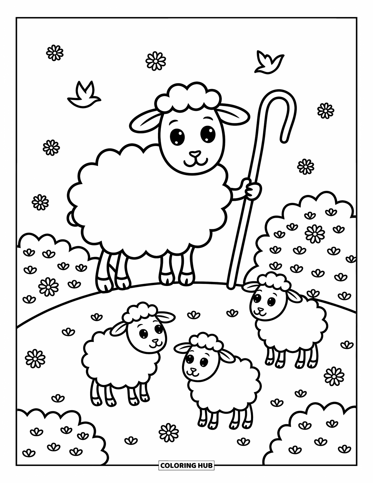 Sheep Coloring Page for Adults: A wise sheep with a staff watches lambs on a peaceful, flower-filled hill
