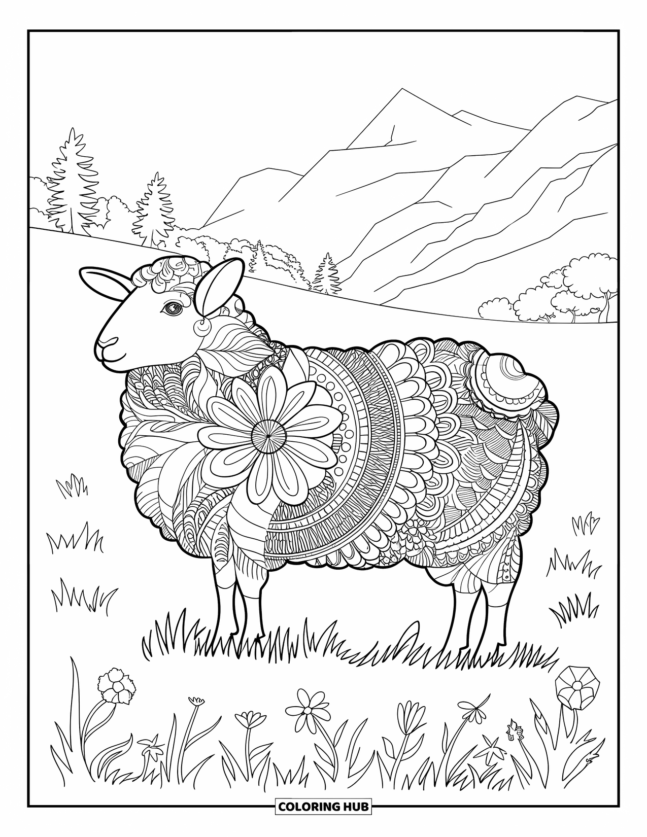 Sheep Coloring Page for Adults: A zentangle-patterned sheep stands in grass with flowers and a serene backdrop
