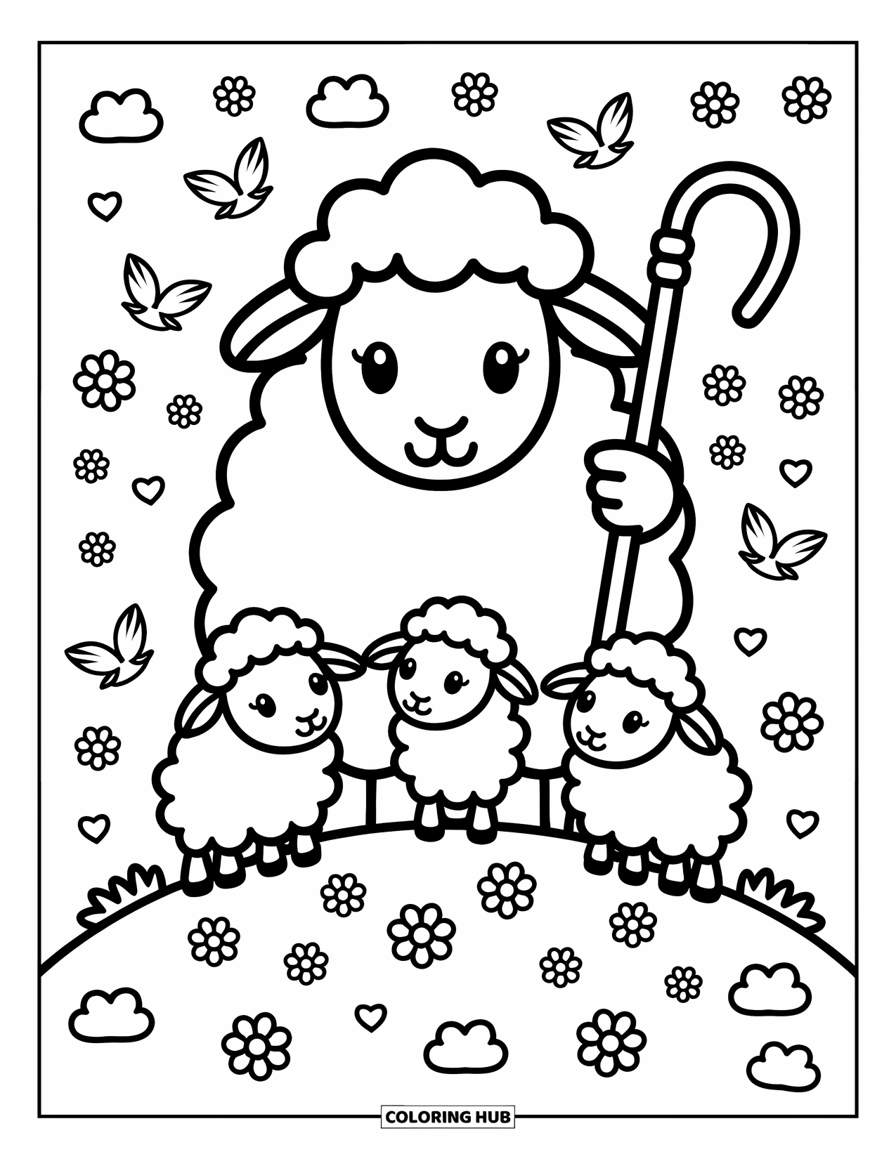 Sheep Coloring Page for Adults: An older sheep holds a staff, watching three baby sheep on a grassy hill