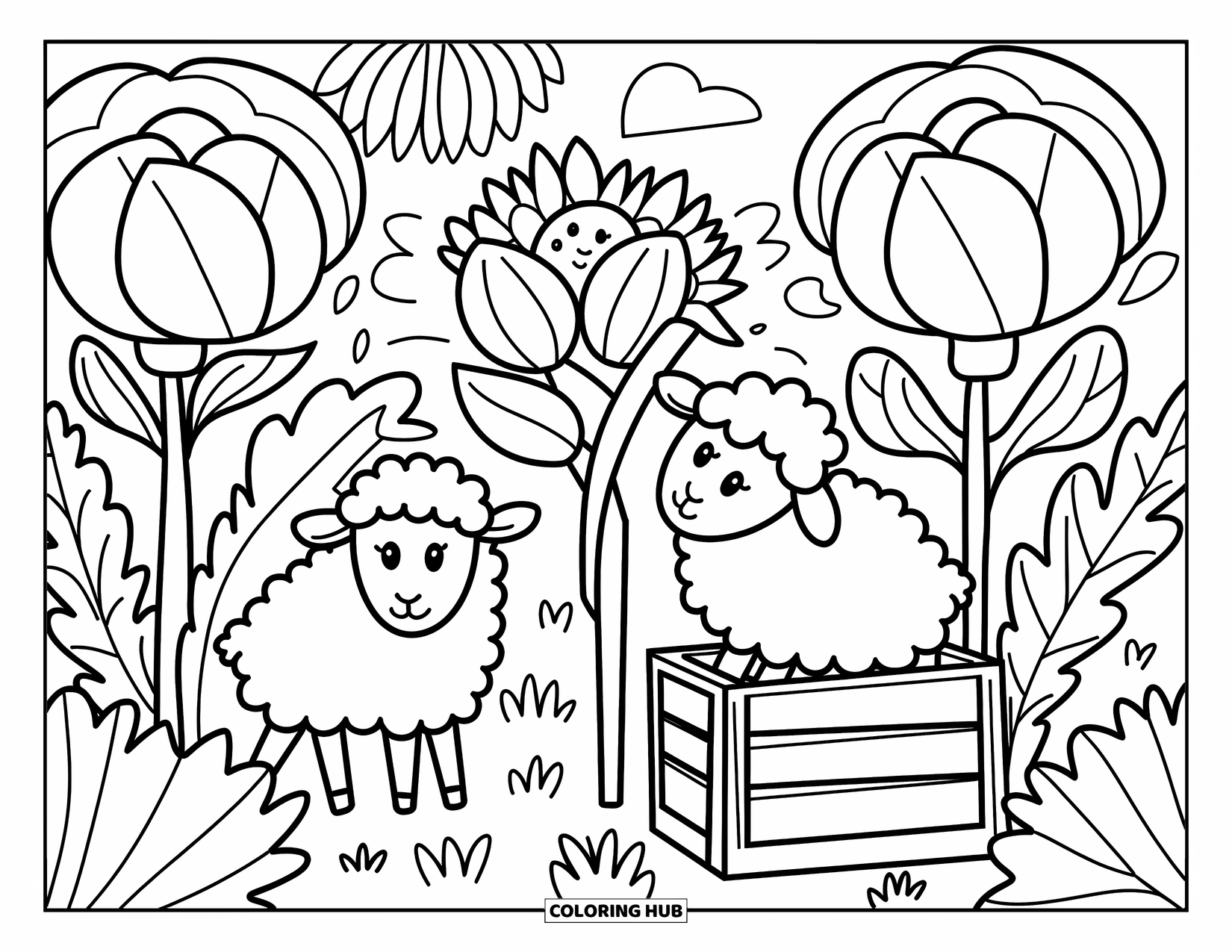 Sheep Coloring Page for Adults: One sheep hides behind sunflowers while another crouches by a wooden crate