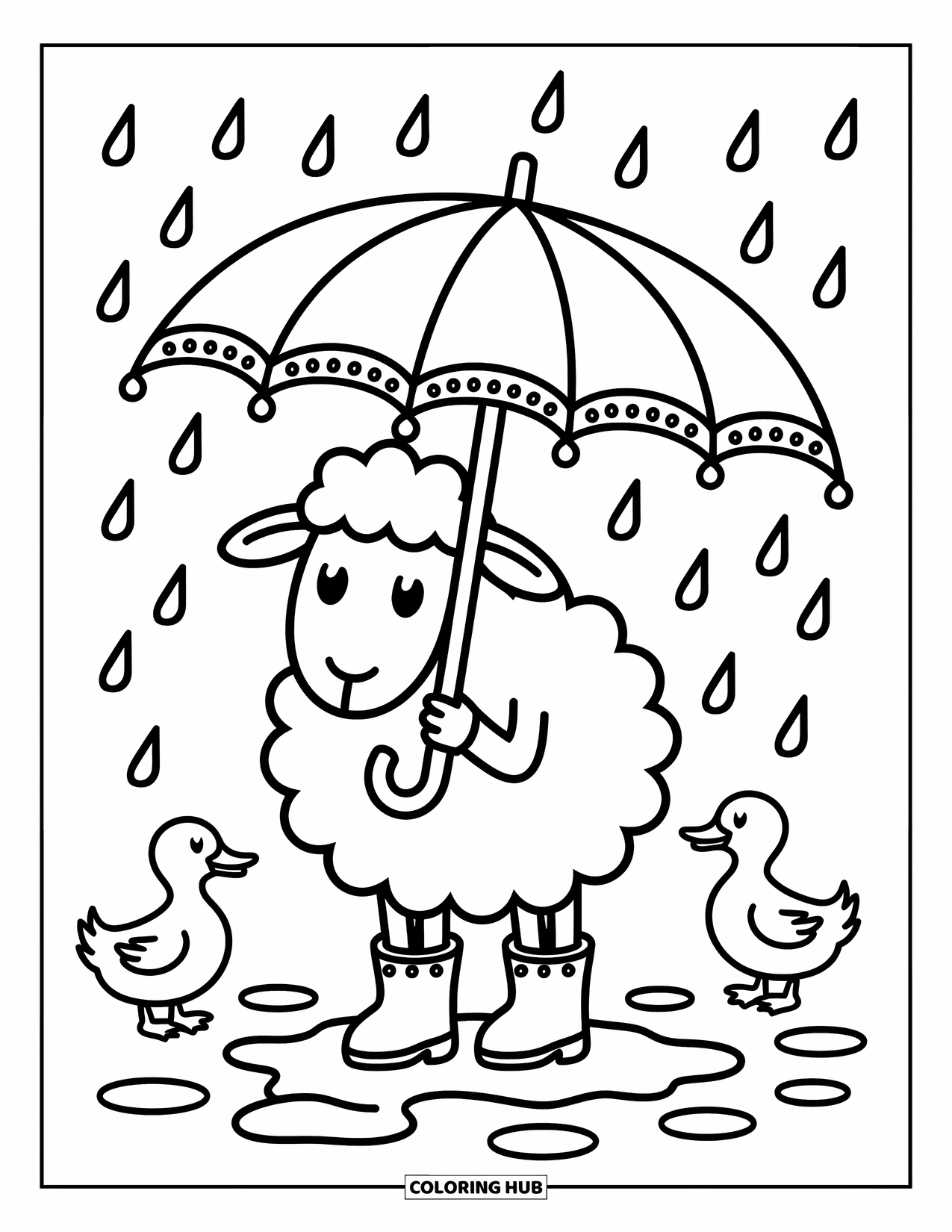 Sheep Coloring Page for Adults: Raindrops fall as a sheep stands in boots with ducks near its umbrella