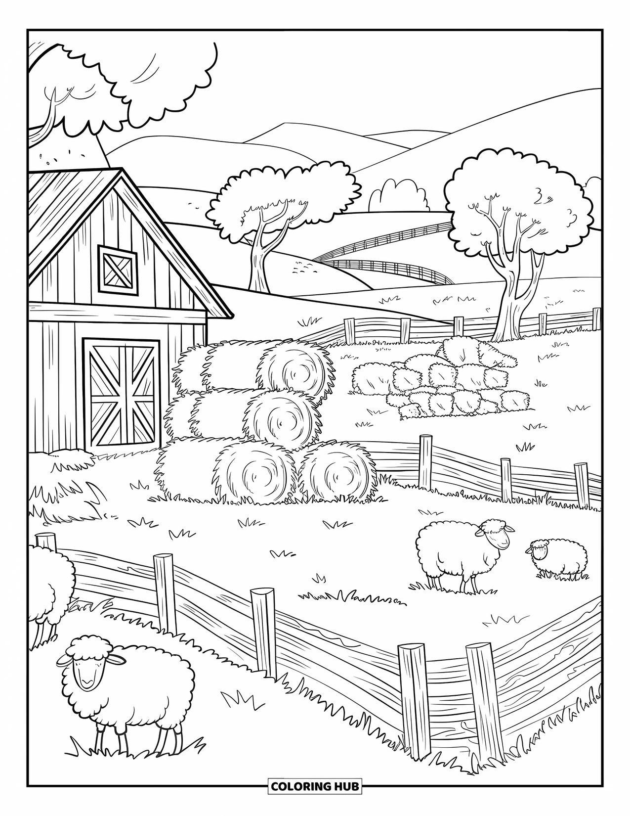 Sheep Coloring Page for Adults: Sheep relax in a barnyard with hay, trees, and winding wooden fences