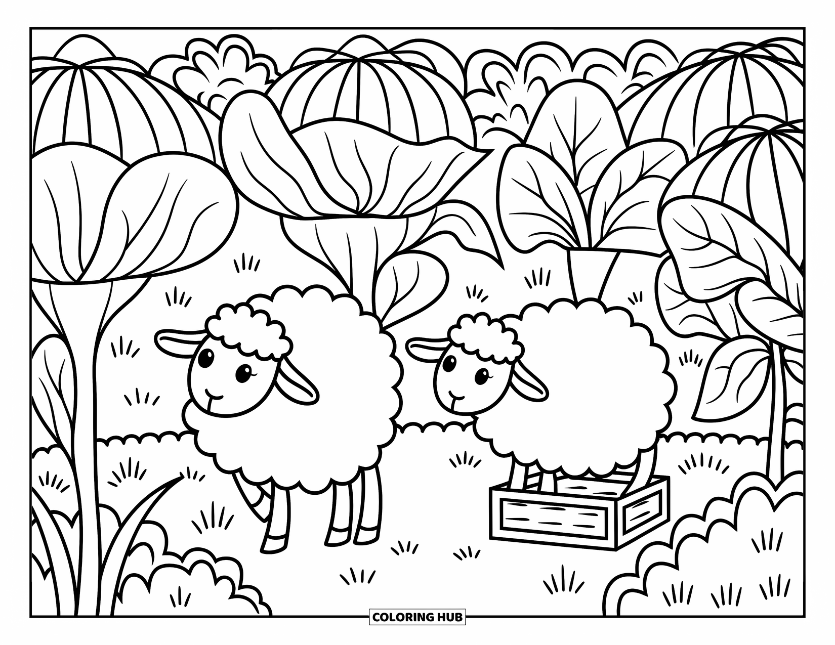 Sheep Coloring Page for Adults: Two sheep play hide and seek behind giant sunflowers and leafy bushes