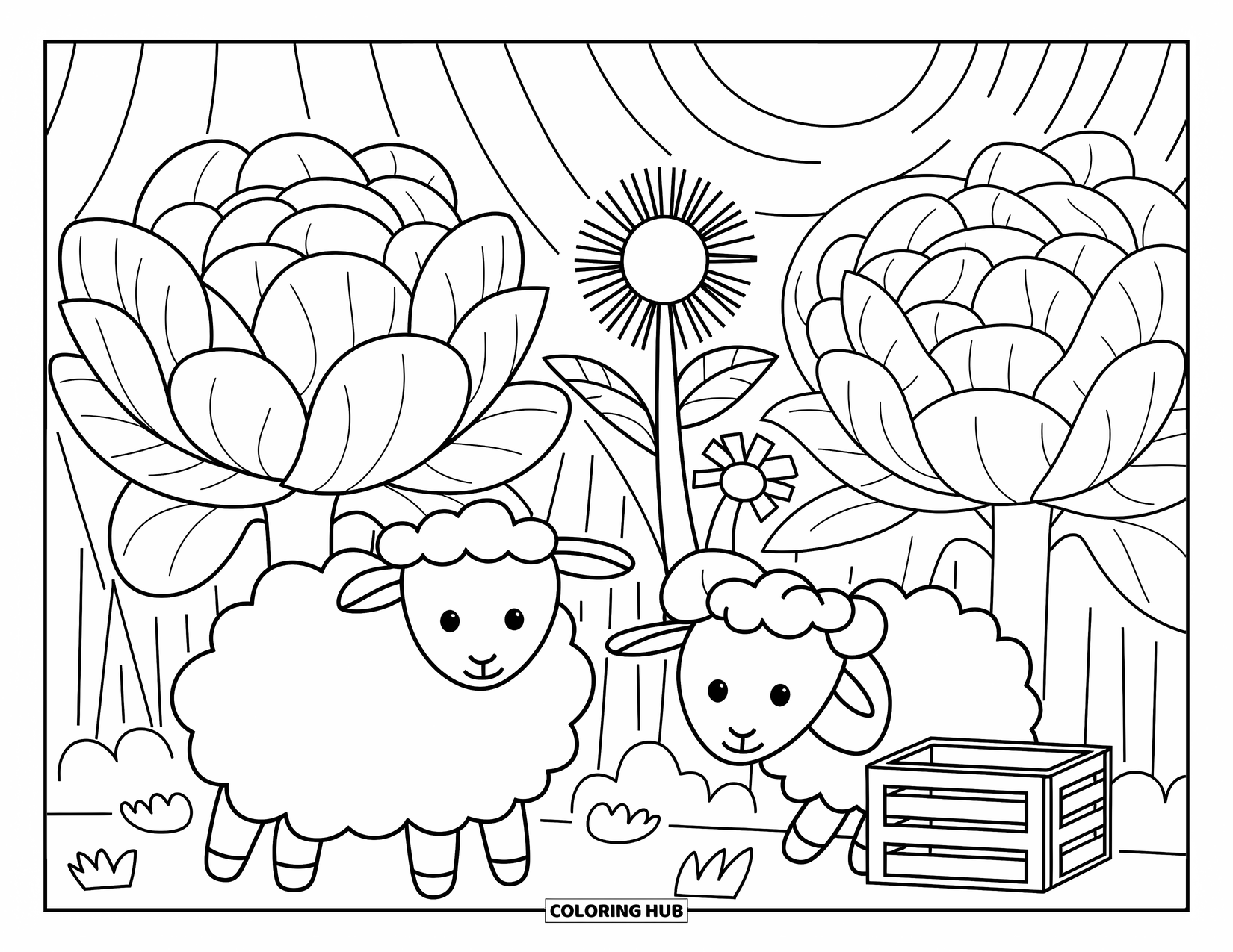 Sheep Coloring Page for Adults: Two sheep playfully hide among big garden plants and cozy bushes