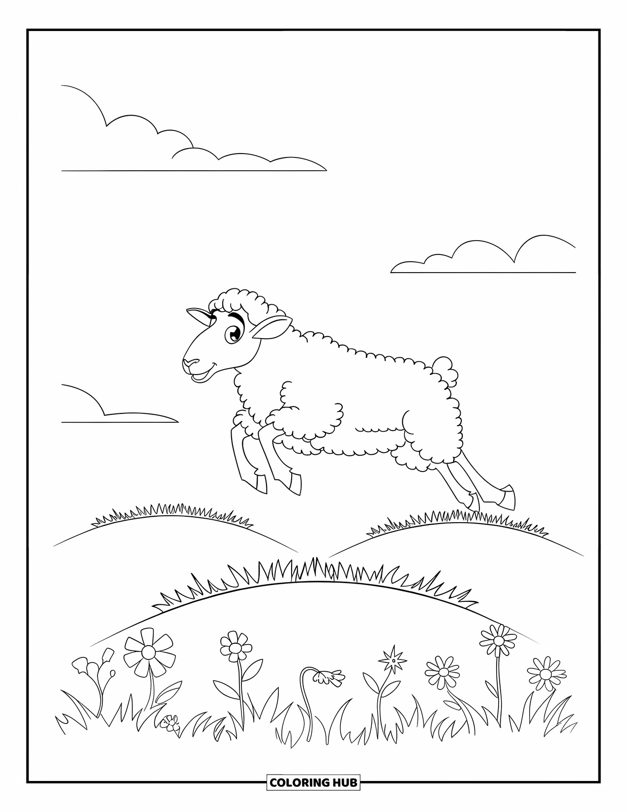 Sheep Coloring Page for Kids: A cheerful sheep jumps across rolling hills with flowers below and clouds above
