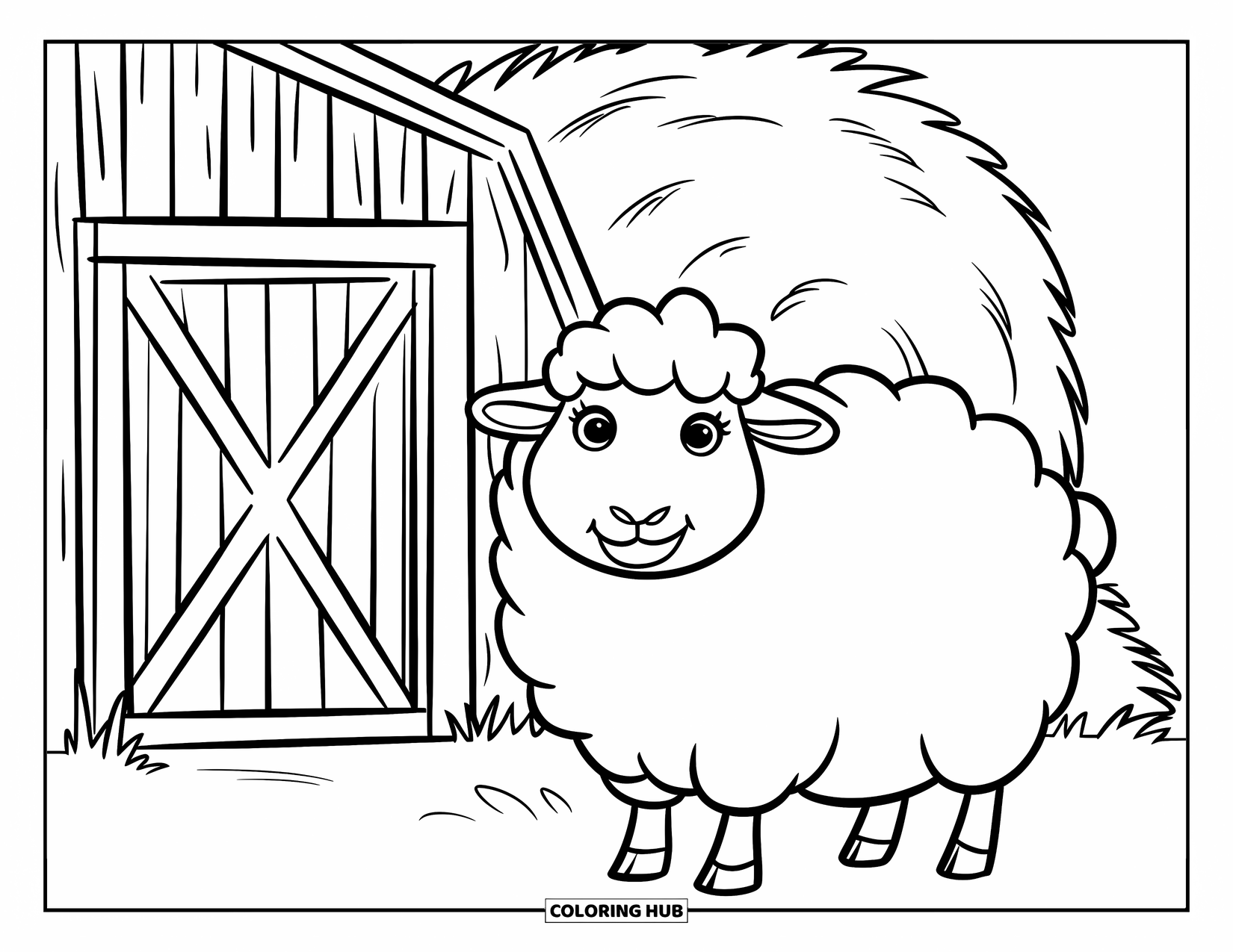 Sheep Coloring Page for Kids: A chubby sheep stands beside a barn and a large haystack