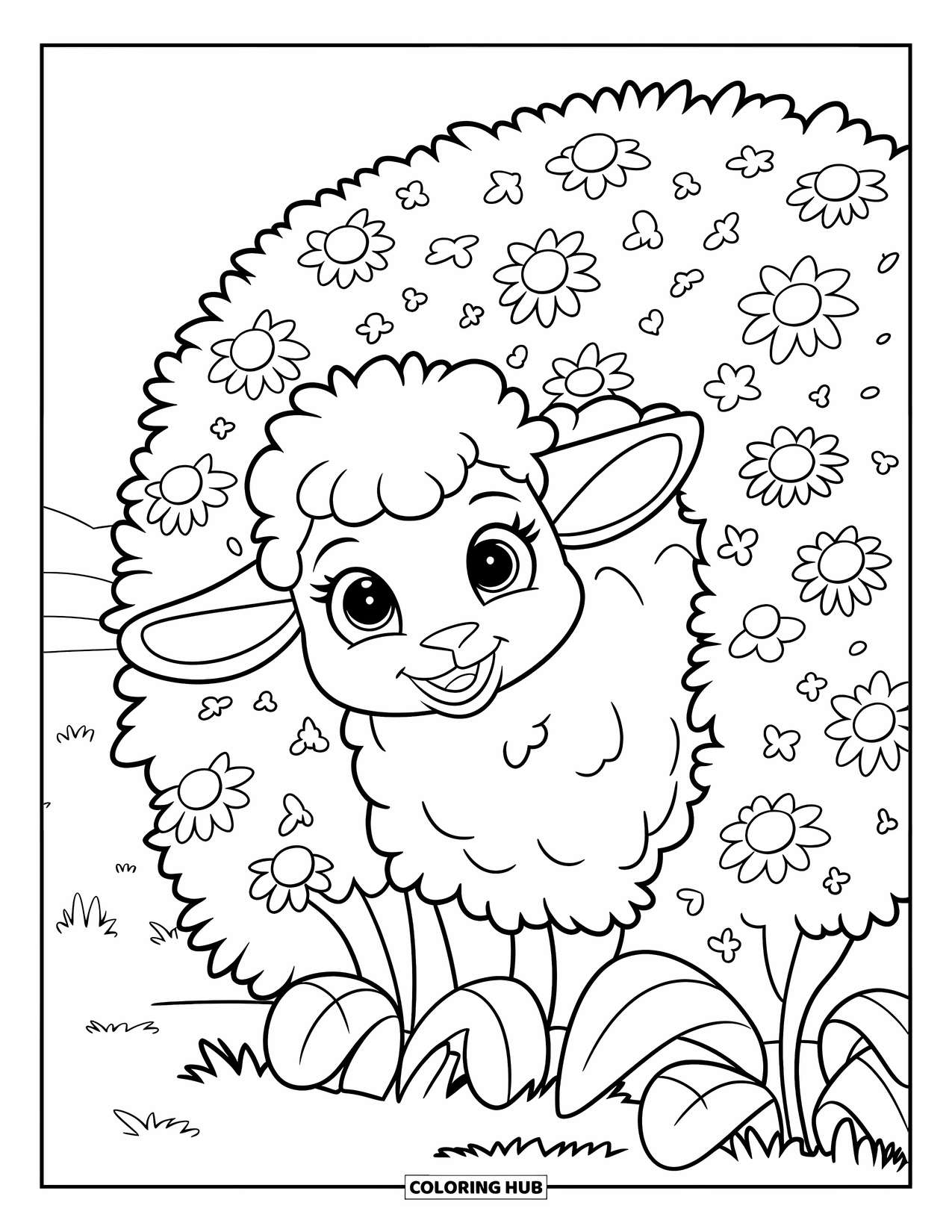 Sheep Coloring Page for Kids: A fluffy baby sheep with big eyes peeks out from a bright flower bush