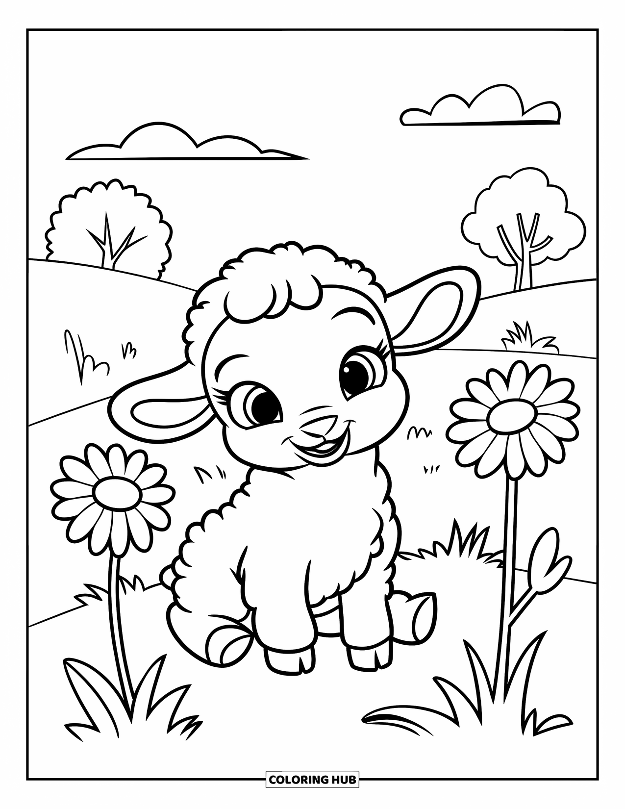 Sheep Coloring Page for Kids: A fluffy lamb sits on a grassy hill with daisies and clouds in the sky