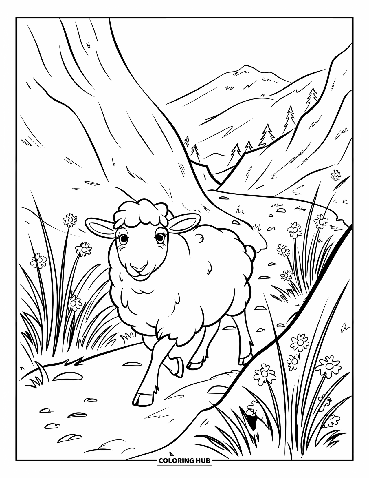 Sheep Coloring Page for Kids: A fluffy sheep walks past flowers and tall grass toward a distant mountain