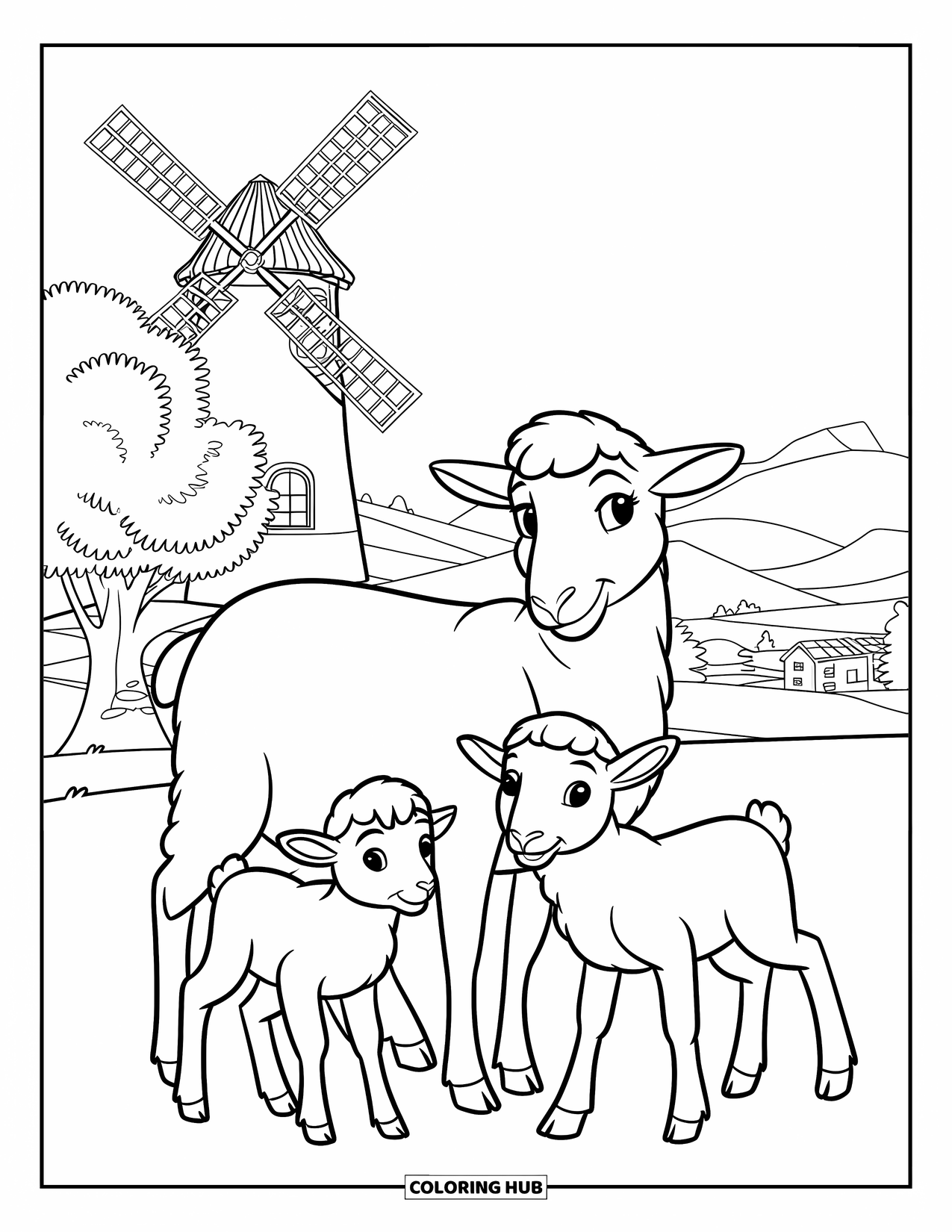 Sheep Coloring Page for Kids: A mother sheep and her lambs rest near a windmill with a mountain view