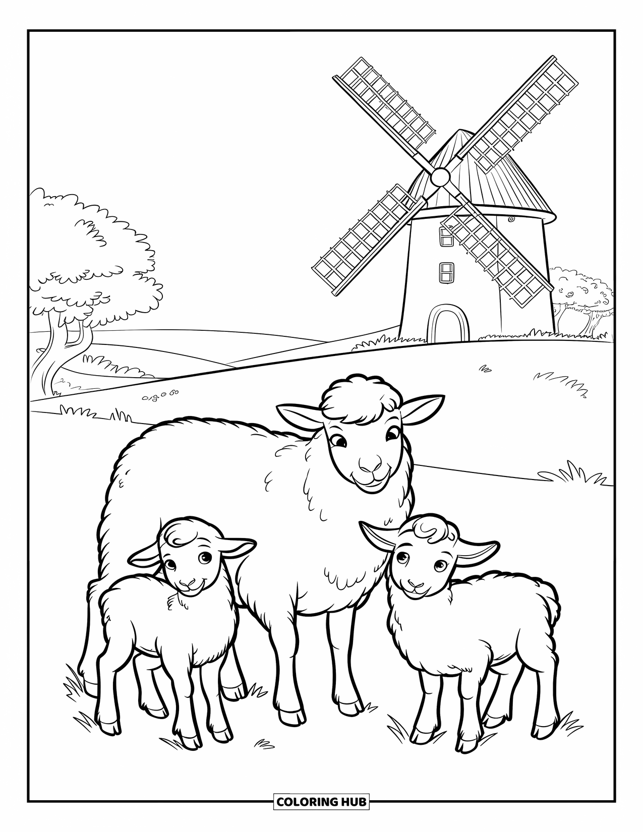 Sheep Coloring Page for Kids: A mother sheep with two lambs stands in the grass beside a distant windmill