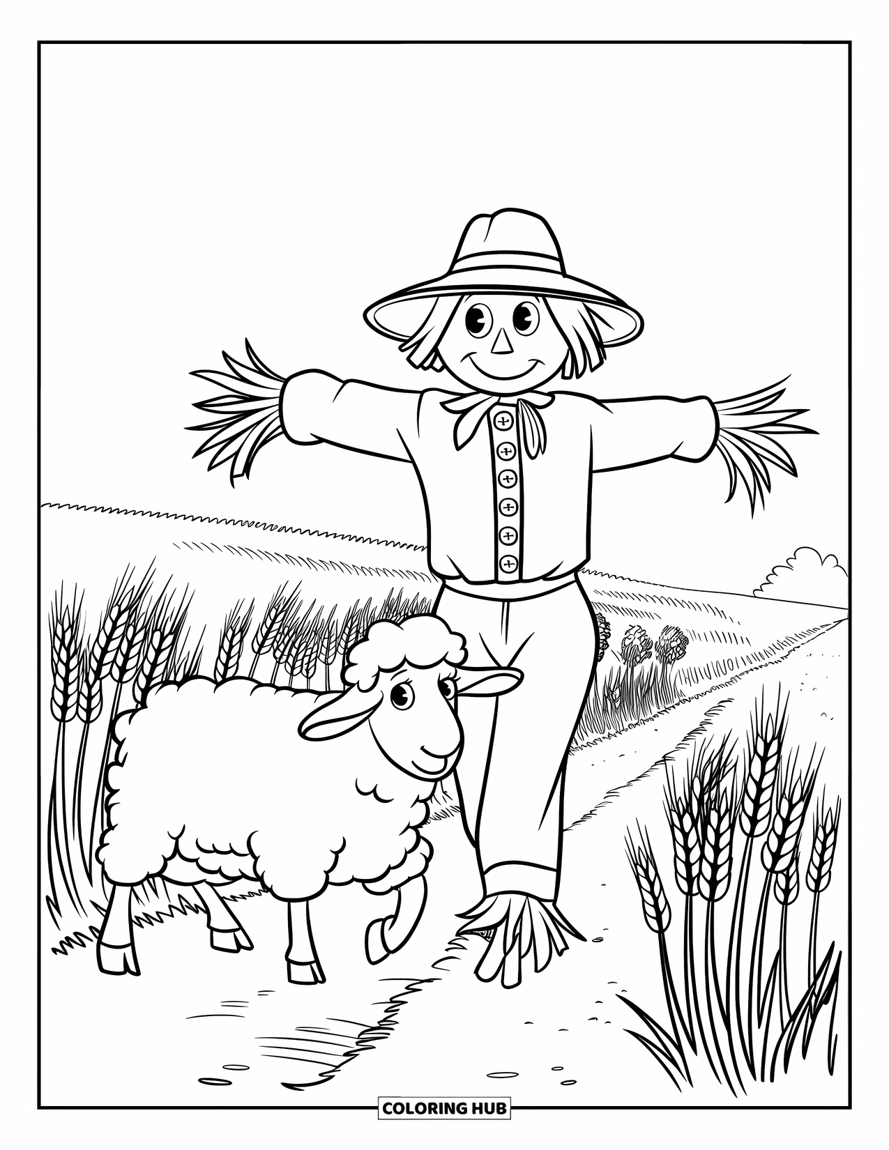 Sheep Coloring Page for Kids: A sheep and scarecrow walk a dirt path through a field with scattered trees