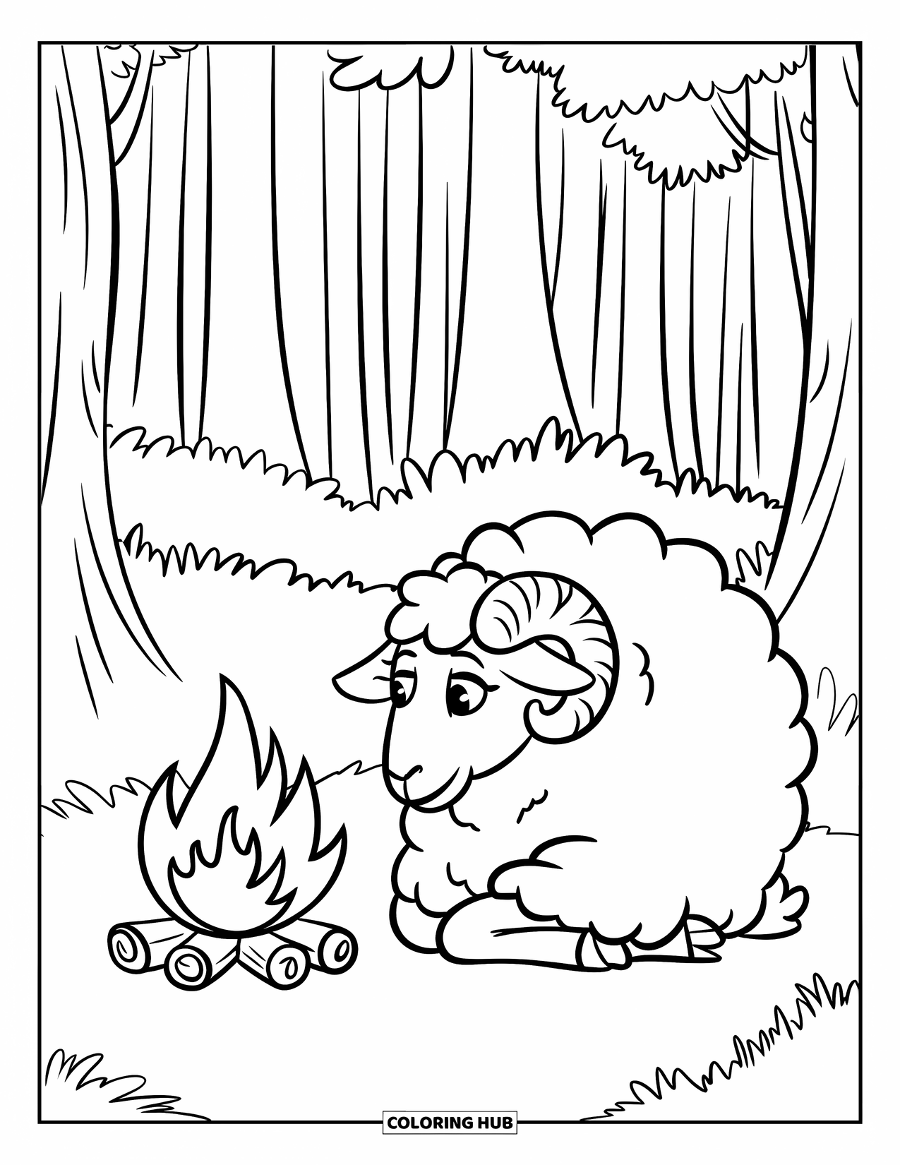 Sheep Coloring Page for Kids: A sheep curls beside a campfire in a quiet forest setting