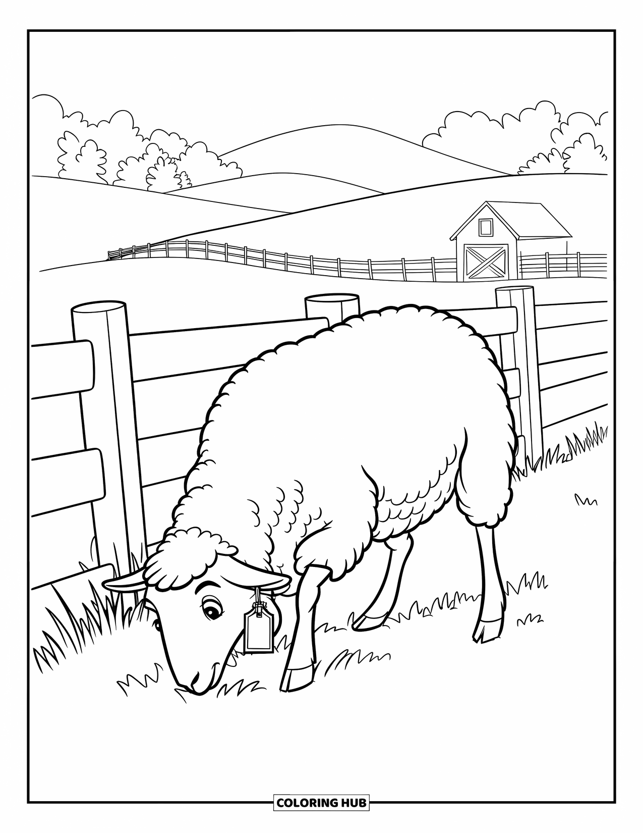 Sheep Coloring Page for Kids: A sheep grazes near a fence with a barn and trees in the background