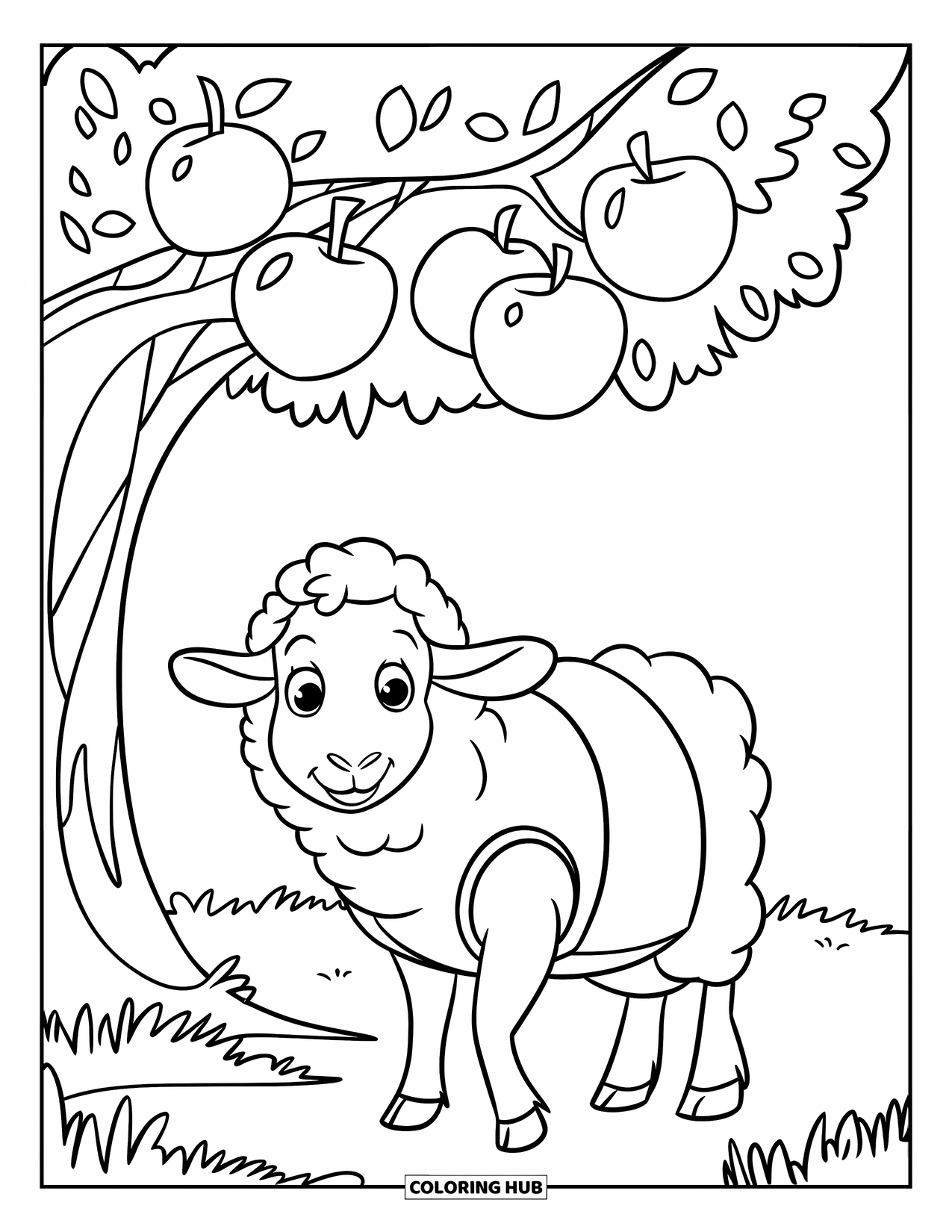 Sheep Coloring Page for Kids: A sheep in a green vest smiles under an apple tree in a grassy field