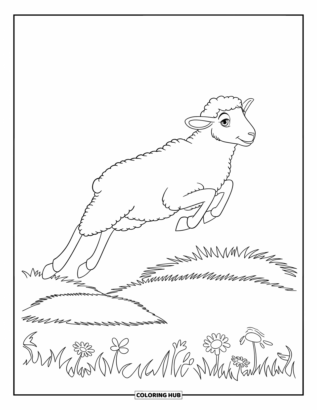 Sheep Coloring Page for Kids: A sheep leaps over grassy hills dotted with wildflowers