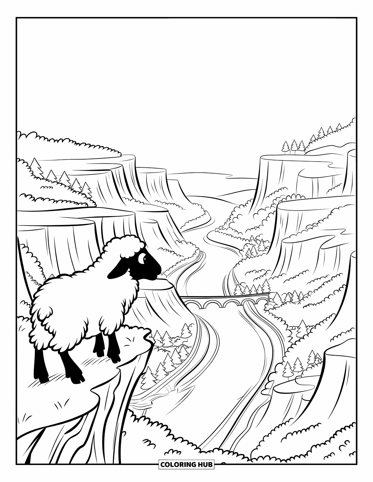 Sheep Coloring Page for Kids: A sheep overlooks a mountain valley with a river winding through trees and bridges