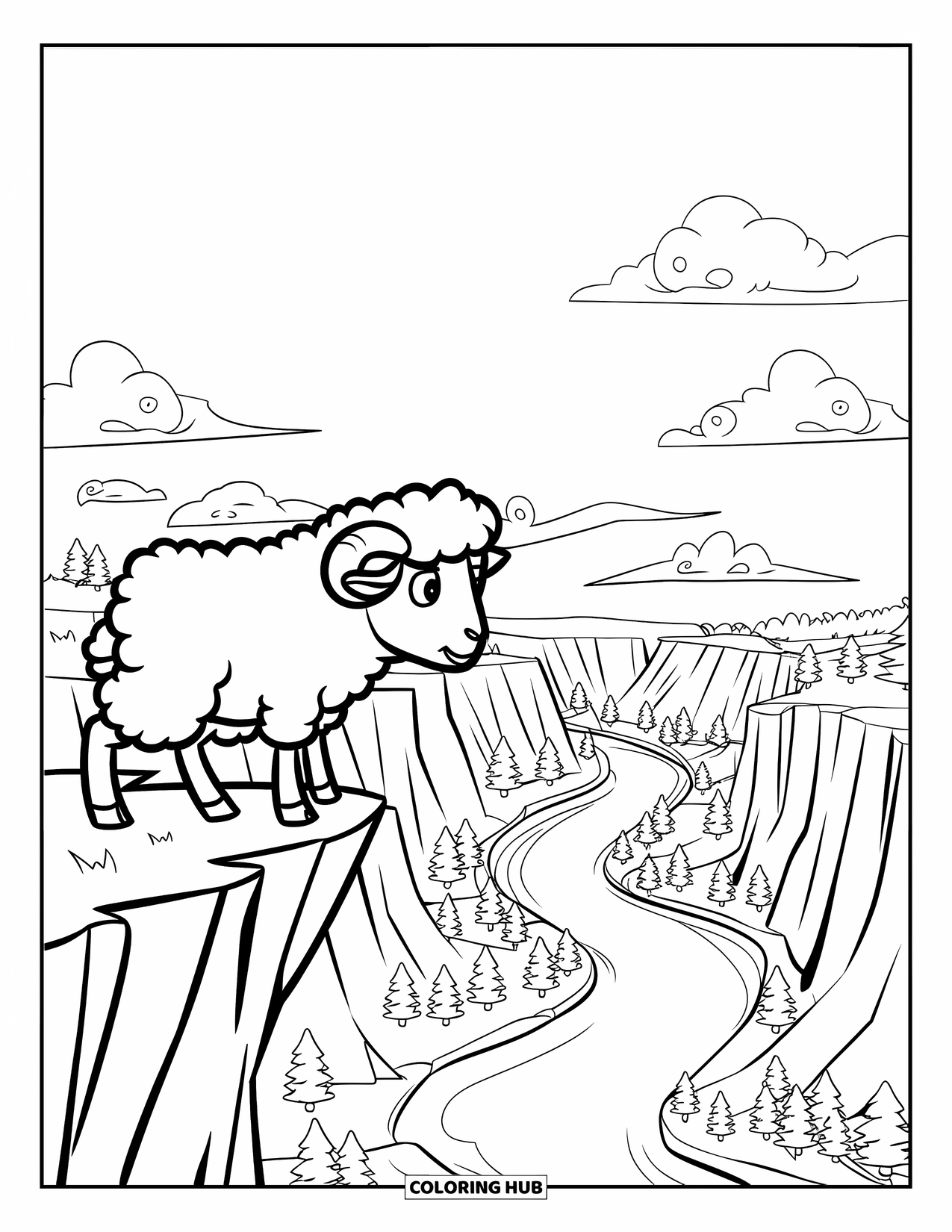 Sheep Coloring Page for Kids: A sheep stands on a cliff, watching a river snake through a forested valley