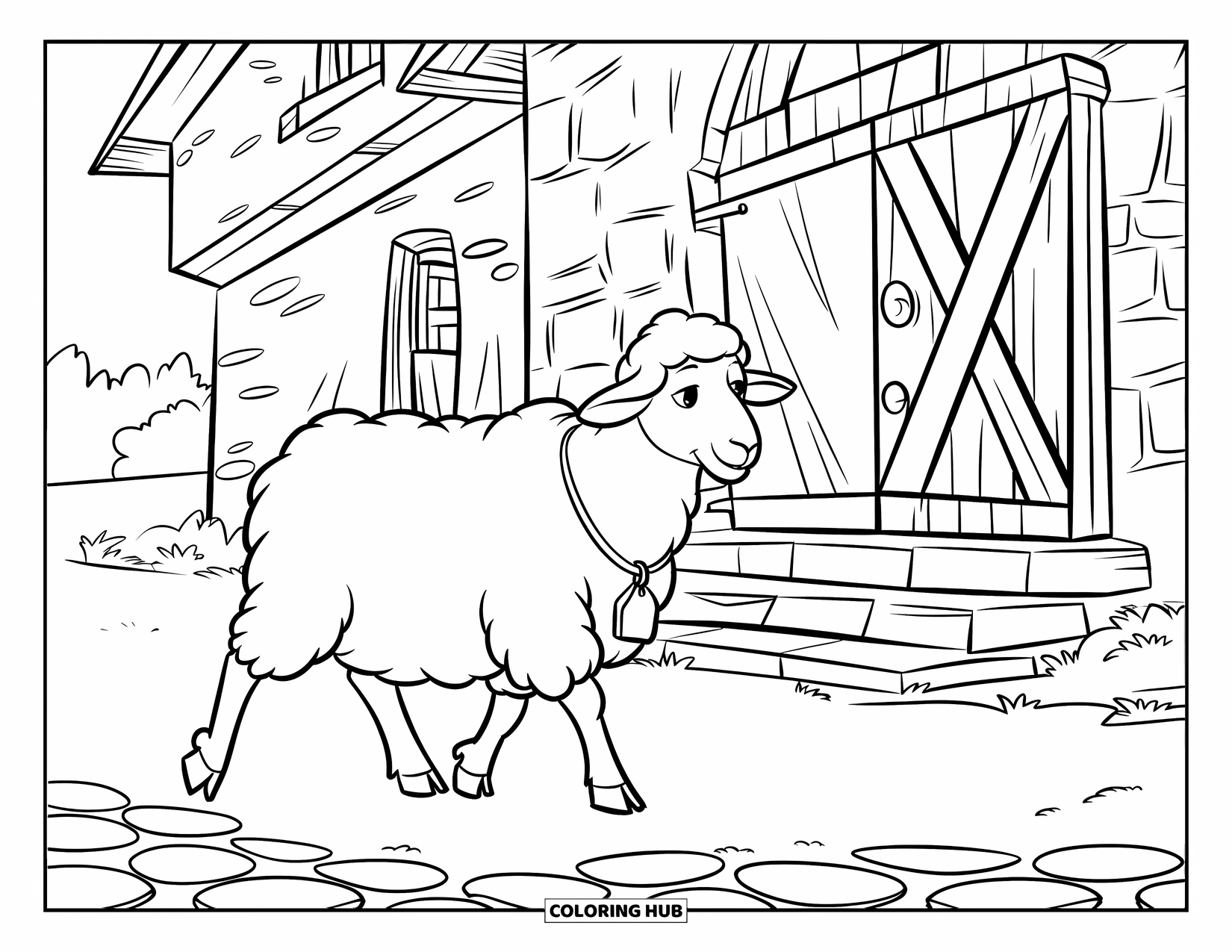 Sheep Coloring Page for Kids: A sheep walks near a stone barn with trees and cobblestone all around