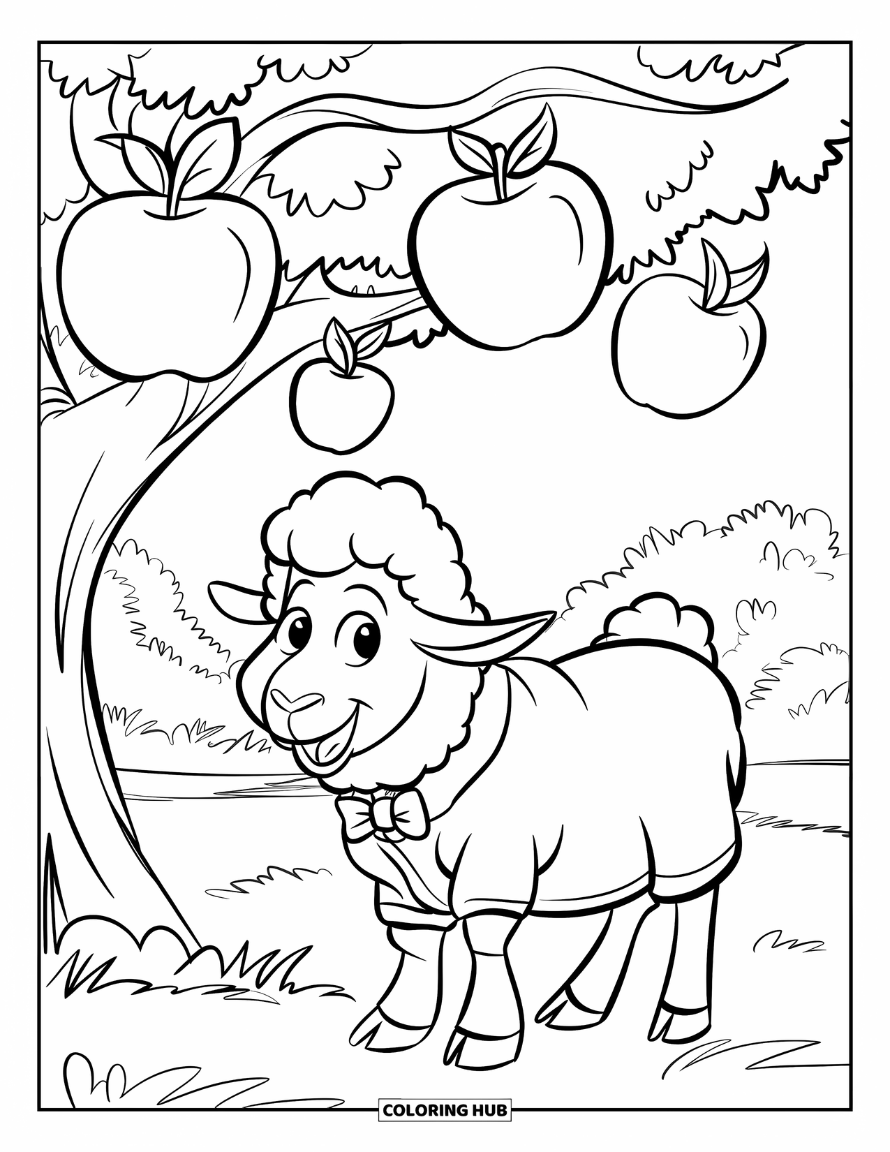 Sheep Coloring Page for Kids: A sheep with a bowtie stands under an apple tree in a green field