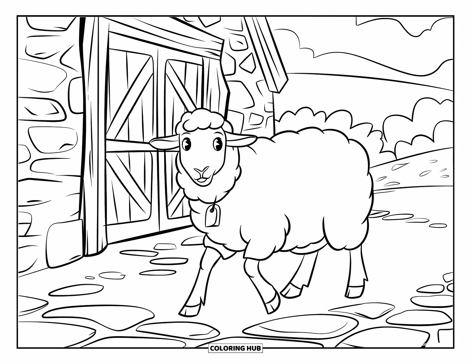 Sheep Coloring Page for Kids: A sheep with a tag walks on uneven stones near a wooden barn and hills