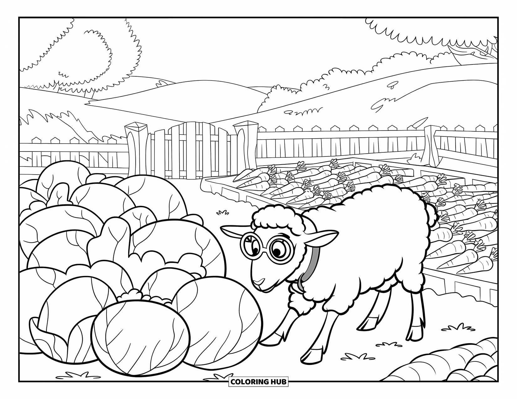 Sheep Coloring Page for Kids: A sheep with glasses explores a cabbage patch in a peaceful countryside