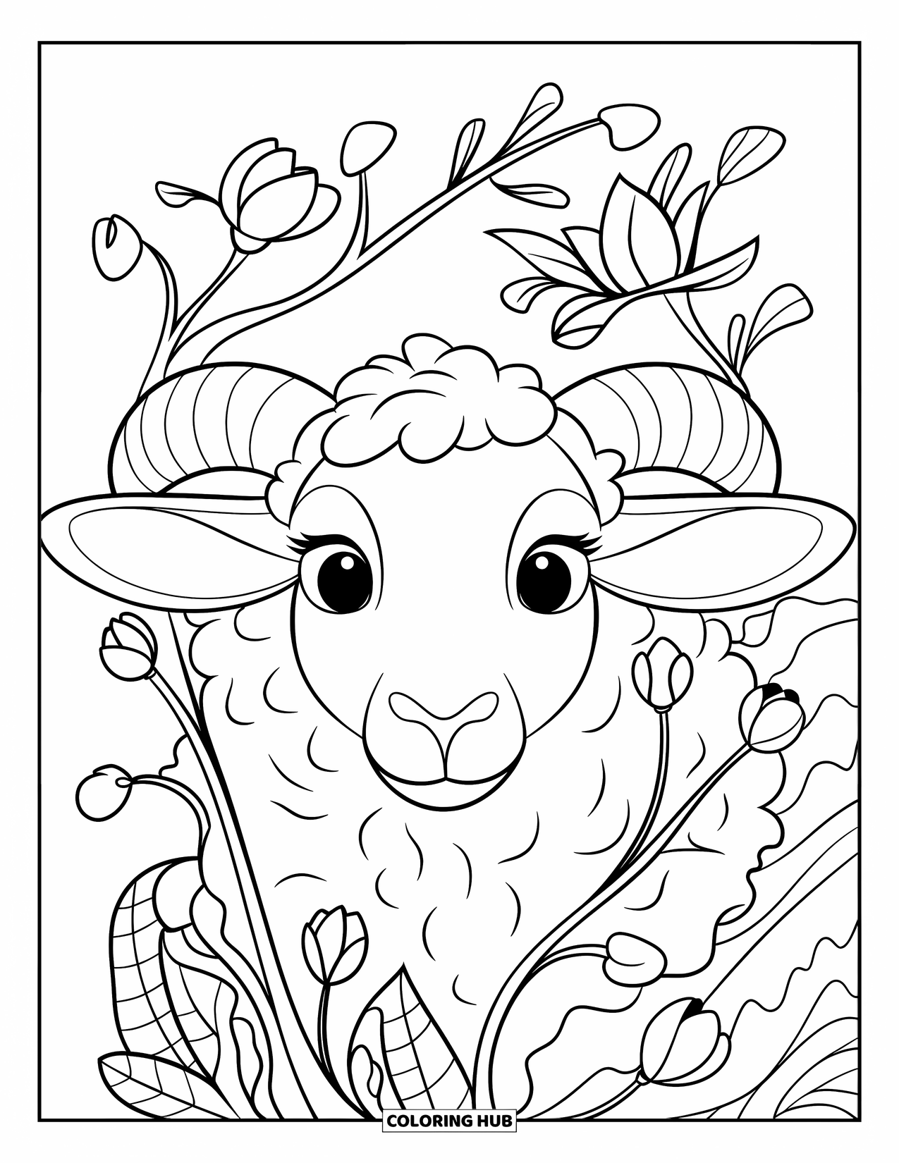 Sheep Coloring Page for Kids: A sheep's face is framed by bold vines and blooms on a clean background