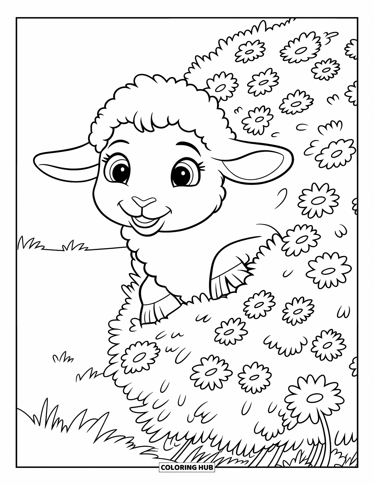 Sheep Coloring Page for Kids: A small sheep peeks from pink flowers in a flower bush