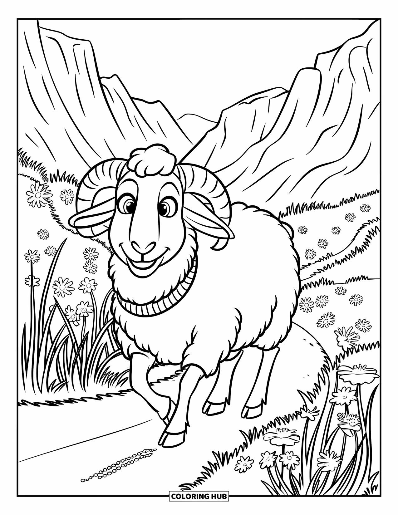Sheep Coloring Page for Kids: A smiling sheep in a sweater strolls through a flower-filled mountain pass