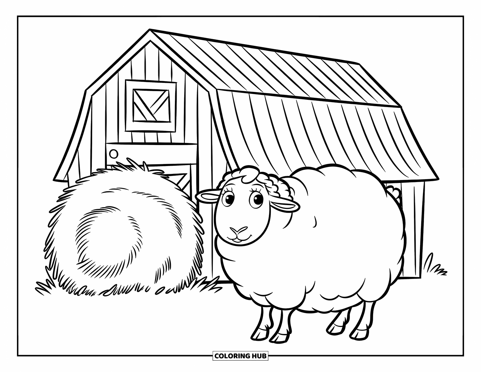 Sheep Coloring Page for Kids: A wide-eyed sheep stands beside a haystack near a barn on a white background