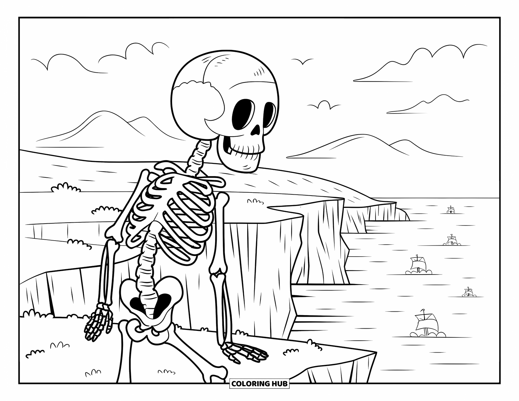 Skeleton Coloring Page for Adults: A cloaked skeleton gazes out over ghost ships from a cliff's edge above stormy seas