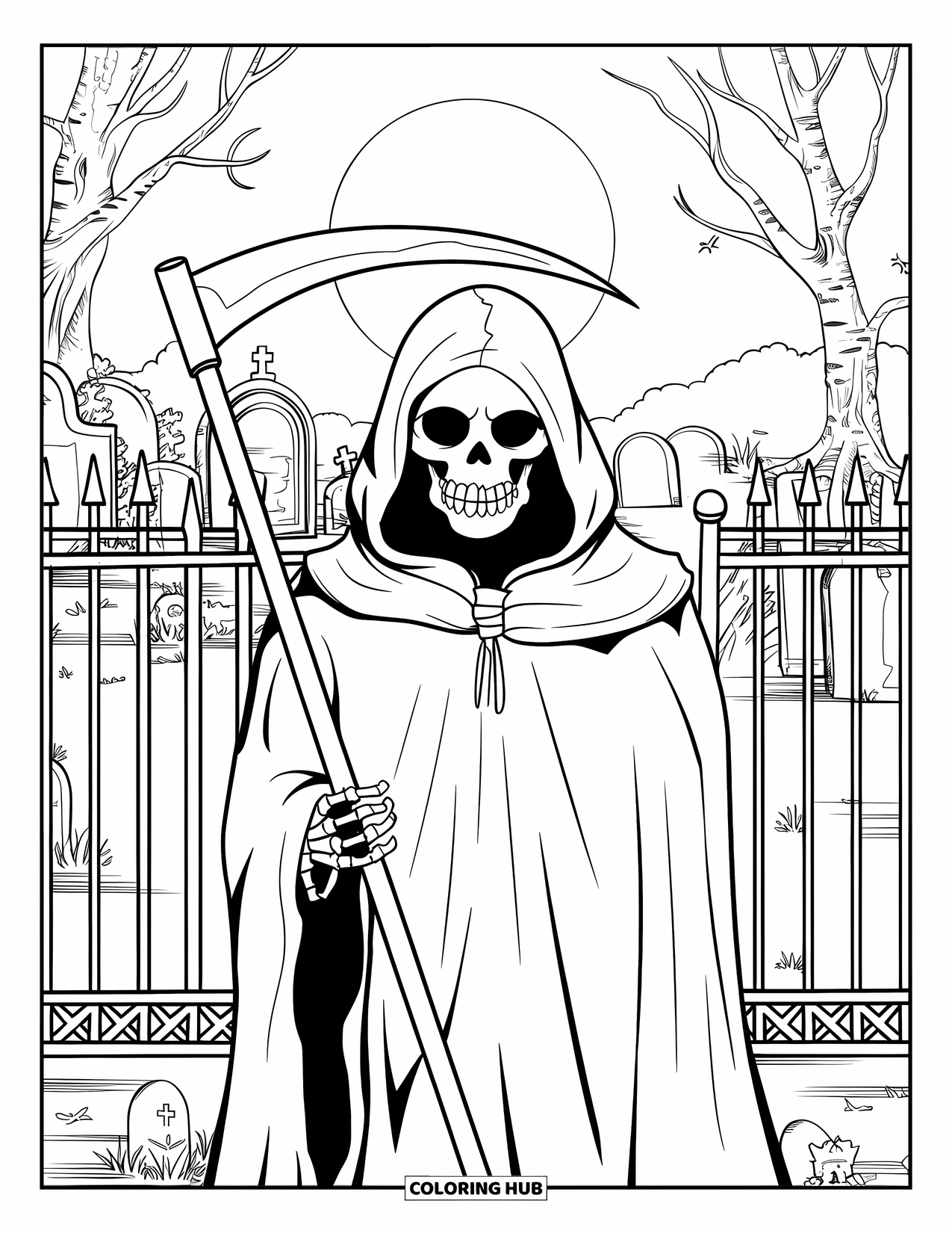Skeleton Coloring Page for Adults: A cloaked skeleton with a scythe stands at a graveyard gate under the full moon