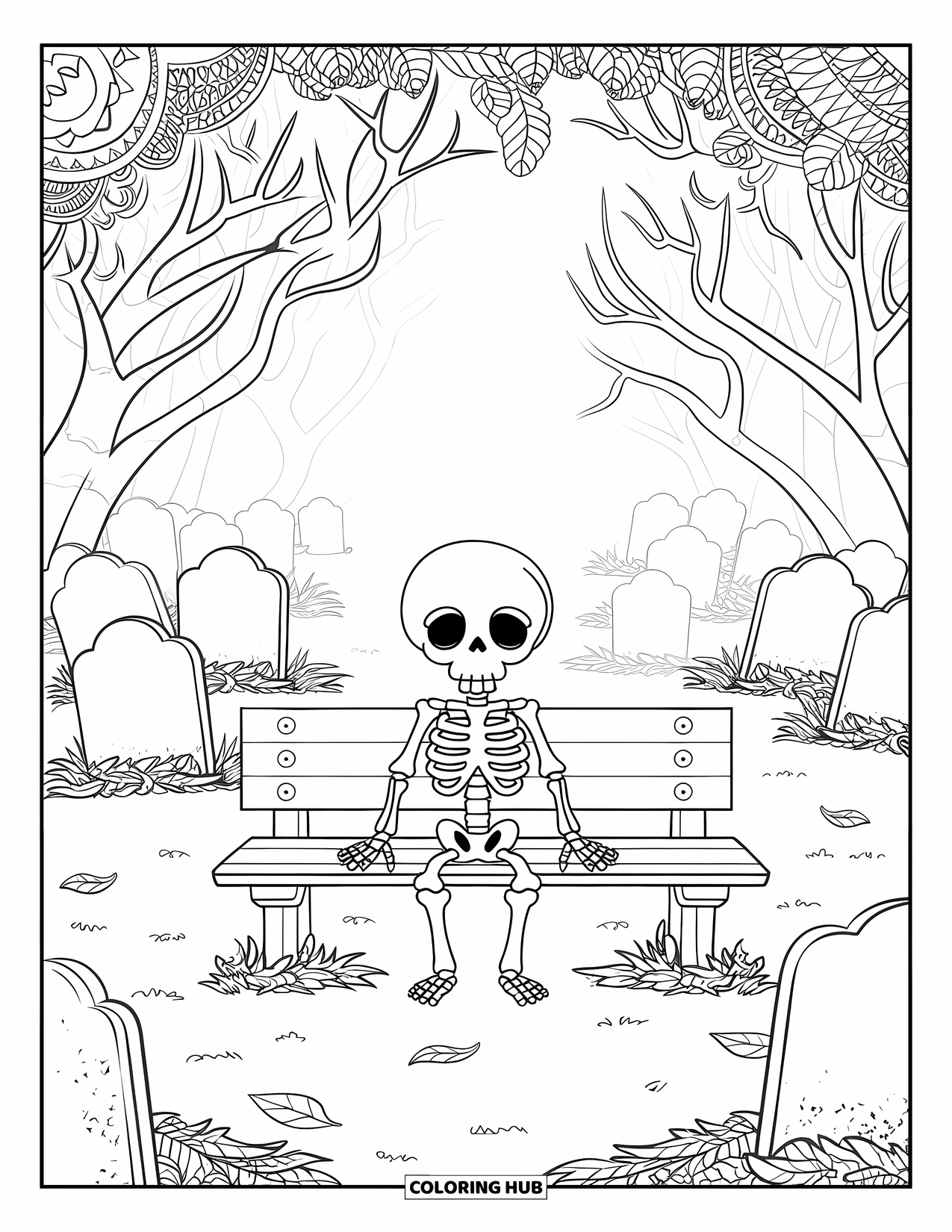 Skeleton Coloring Page for Adults: A quiet skeleton sits on a bench among crooked tombstones in a foggy graveyard