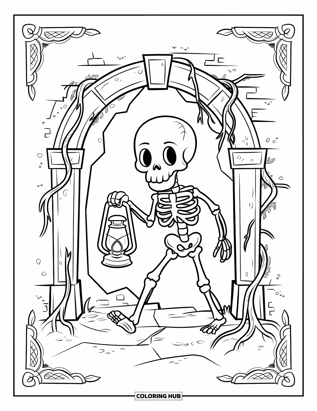 Skeleton Coloring Page for Adults: A skeleton lights its way into a crypt, roots snaking through the stone walls