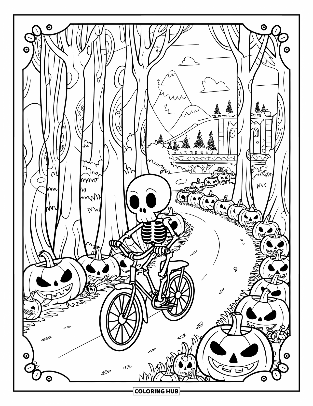 Skeleton Coloring Page for Adults: A skeleton pedals an old bike down a forest path lit by jack-o'-lanterns