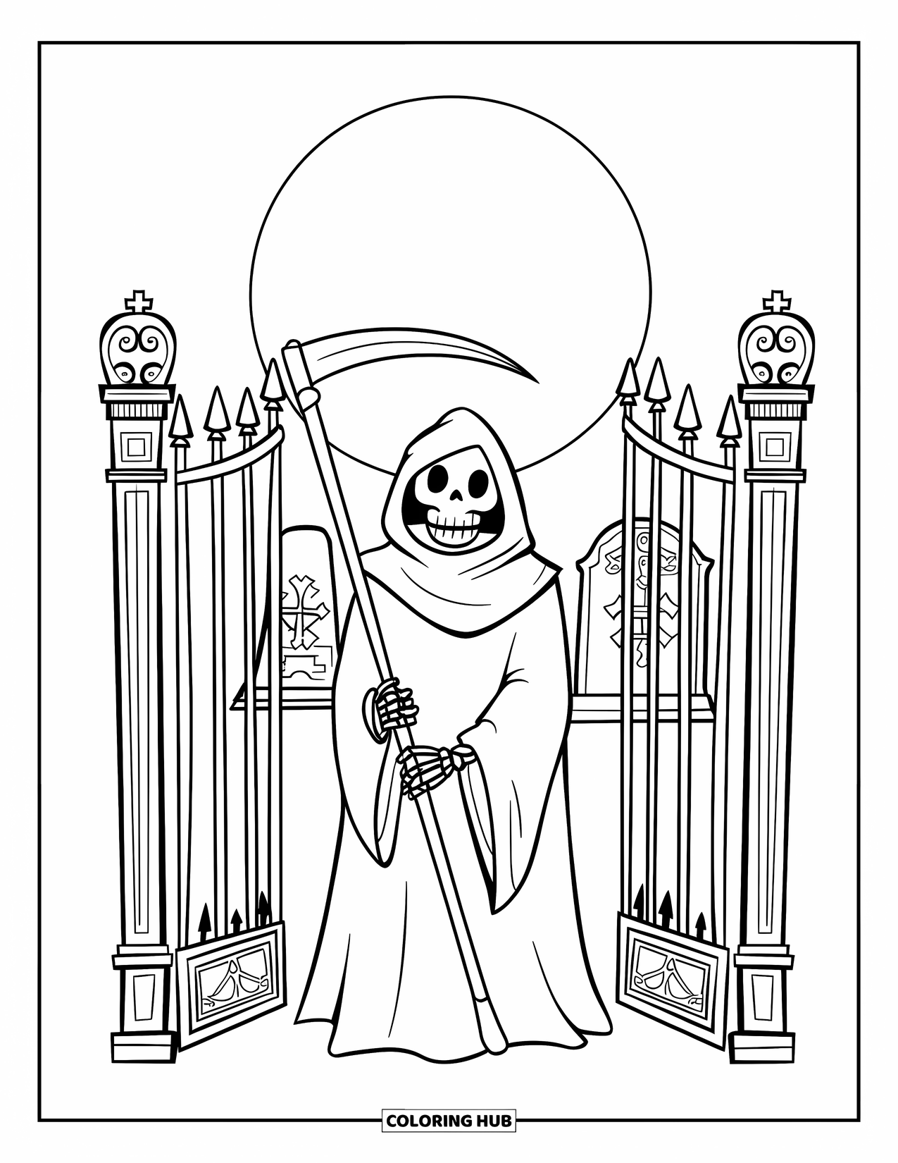 Skeleton Coloring Page for Adults: A skeleton reaper waits at ornate cemetery gates, scythe in hand and moon above