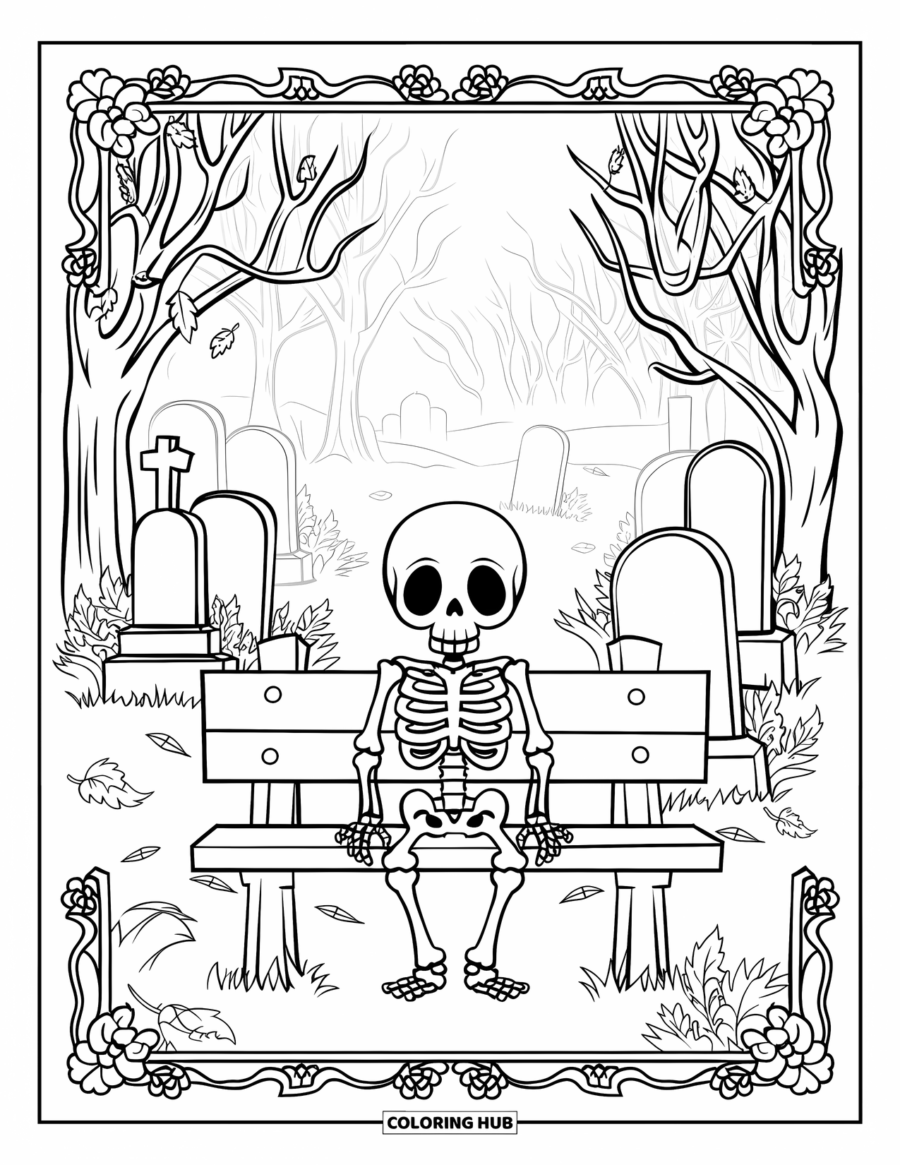 Skeleton Coloring Page for Adults: A skeleton rests in silence on a bench under swirling fog and twisted tombstones